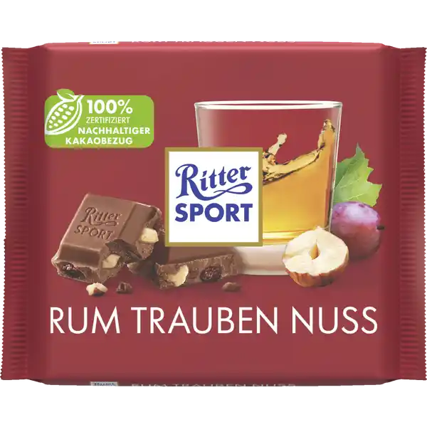 Ritter Sport Rum Trauben Nuss Tafelschokolade: Цвет: Produktbeschreibung und details SCHOKOLADE MIT SCHWIPS Wen interessiert der Fluch der Karibik wenn er ihren Segen haben kann Fr die RITTER SPORT Rum Trauben Nuss legen wir unsere kalifornischen Sultaninen stundenlang in echten Jamaikarum ein Ein Privileg von dem die meisten Piraten nur trumen knnen hochwertiger Rum alkoholhaltig HaselnussStckchen  zertifiziert nachhaltiger Kakaobezug Lebensmittelunternehmer Name Alfred Ritter GmbH ampamp Co KG Adresse D Waldenbuch Deutschland wwwrittersportde UrsprungslandHerkunftsort Deutschland Rechtlich vorgeschriebene Produktbezeichnung Vollmilchschokolade mit Sultaninen   eingelegt in Rum   und HaselnussStckchen   Zutaten Zucker Kakaobutter Sultaninen Kakaomasse Voll MILCH pulver HASELNSSE  LAKTOSE  Mager MILCH pulver BUTTER reinfett Rum Emulgator Lecithine  SOJA  Kann Spuren von ERDNSSEN ANDEREN SCHALENFRCHTEN GLUTENHALTIGEM GETREIDE und EI enthalten Alkoholhaltig Rainforest Alliance Certified Nhrwerte Durchschnittliche Nhrwertangaben pro  g Energie  kj   kcal Fett  g davon  gesttigte Fettsuren  g Kohlenhydrate  g davon  Zucker  g Eiwei  g Salz  g Gebrauch Aufbewahrung und Verwendung Aufbewahrungs und Verwendungsbedingungen Vor Wrme und Feuchtigkeit schtzen Warnhinweise und wichtige Hinweise Warnhinweise Kakao   mindestens im Schokoladenanteil
https://www.rossmann.de/de/lebensmittel-ritter-sport-rum-trauben-nuss-tafelschokolade/p/4000417601216