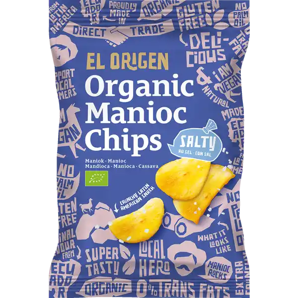 el origen Bio Maniok Chips mit Meersalz: Цвет: Produktbeschreibung und details el origen der crunchy Snack aus Lateinamerika Die Bio Maniok Chips mit Meersalz bieten ein neuartiges Snackerlebnis und eine echte Alternative zu klassischen Kartoffelchips In Lateinamerika zhlt Maniok zu den traditionellen Grundnahrungsmitteln und erfreut sich schon lange groer Beliebtheit Die Chips sind vegan ohne Palml glutenfrei und kommen durch wertvolle biozertifizierte Zutaten ganz ohne knstliche Zustze aus Dazu sind sie super lecker und extra crunchy El Origen steht fr den Ursprung  und dieser liegt in Lateinamerika Das Unternehmen arbeitet fr die Produktion der Chips mit Kleinbauern in Ecuador zusammen und untersttzt sie beim Anbau von biologischen Kochbananen und Maniok Durch die Verpflichtung zu DirectTrade Standards knnen sie die Farmerinnen in den Kooperativen langfristig untersttzen und zu besseren und faireren Arbeitsbedingungen beitragen Gleichzeitig frdern sie durch ihre Nachfrage den Ausbau der kologischen Landwirtschaft und schtzen somit das Land und seine Ressourcen  die wertvolle Amazonasregion Join the crunchy revolution fr ein faires nachhaltiges globales Wirtschaften Lebensmittelunternehmer Name el origen food GmbH Adresse Krnerstrae   Hamburg wwwelorigenfoodde        Bio Zertifikat ECBIO UrsprungslandHerkunftsort EUNichtEULandwirtschaft Testurteile Qualittssiegel ampamp Verbandszeichen Rechtlich vorgeschriebene Produktbezeichnung Bio Maniok Chips mit Meersalz Zutaten Maniok   ungehrtetes Sonnenblumenl Meersalz   aus kontrolliert biologischem Anbau Nhrwerte Durchschnittliche Nhrwertangaben pro  g Energie  kj   kcal Fett  g davon  gesttigte Fettsuren  g Kohlenhydrate  g davon  Zucker  g Ballaststoffe  g Eiwei  g Salz  g Anwendung und Gebrauch Als Snack fr unterwegs im Bro auf dem Sofa mit Freunden und Familie  unsere super leckeren knusprigen Bio Maniok Chips schmecken bei jeder Gelegenheit Am Besten direkt snacken Aber auch zerbrselt als Topping fr Salat oder herzhaften Gerichten absolut zu empfehlen
https://www.rossmann.de/de/lebensmittel-el-origen-bio-maniok-chips-mit-meersalz/p/4270000598227