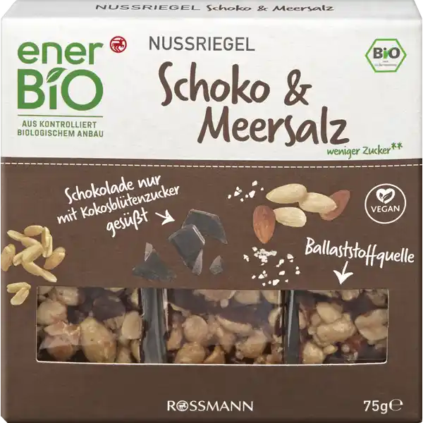 enerBiO Schoko & Meersalz Riegel-Mix: Цвет: Produktbeschreibung und details Ein wahrgewordener BioTraum fr NussriegelLiebhaber Unser enerBiO NussriegelSchoko ampamp Meersalz begeistert alle Knabberfans mit seinem einzigartigen ssalzigen Mix Und dank Schokolade deren Se ausschlielich von Kokosbltenzucker stammt ist der Riegel dabei ein Snack den Sie ganz ohne schlechtes Gewissen unterwegs verputzen knnen Alle Produkte unserer ROSSMANNMarke enerBiO stammen aus kontrolliert biologischem Anbau Durch eine schonende sorgfltige Verarbeitung erhalten wir hierbei sowohl die Hochwertigkeit als auch den natrlichen Geschmack Zudem lassen wir unsere Produkte regelmig durch unabhngige Institute berprfen  so gewhrleisten wir eine gleichbleibende Qualitt Lebensmittelunternehmer Name Dirk Rossmann GmbH Adresse Isernhgener Str   Burgwedel wwwrossmannde Bio Zertifikat GRBIO UrsprungslandHerkunftsort EUNichtEULandwirtschaft Testurteile Qualittssiegel ampamp Verbandszeichen Rechtlich vorgeschriebene Produktbezeichnung BioRiegel mit Erdnssen dunkler Schokolade Mandeln ampamp Meersalz Zutaten  ERDNSSE   dunkle Schokolade  Kakaomasse Kokosbltenzucker Kakaobutter  MANDELN  Reissirup Agavendicksaft Reiscrispies aus Reismehl Sonnenblumenl  Meersalz Kann Spuren von SESAMSAMEN SOJABOHNEN MILCH und anderen SCHALENFRCHTEN enthalten aus kontrolliert biologischer Landwirtschaft  weniger Zucker Kakaoanteil  Nhrwerte Durchschnittliche Nhrwertangaben pro  g pro  Portion  Riegel   g Energie  kj   kcal  kj   kcal Fett  g  g davon  gesttigte Fettsuren  g  g Kohlenhydrate  g  g davon  Zucker  g  g Ballaststoffe  g  g Eiwei  g  g Salz  g  g Gebrauch Aufbewahrung und Verwendung Aufbewahrungs und Verwendungsbedingungen Trocken lagern und vor Wrme schtzen
https://www.rossmann.de/de/lebensmittel-enerbio-schoko-und-meersalz-riegel-mix/p/4305615877778