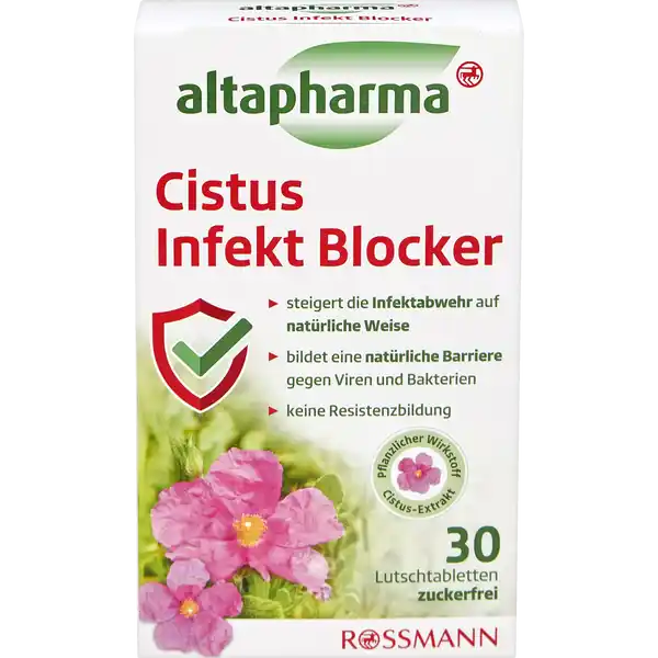 altapharma Cistus Infekt Blocker Lutschtabletten: Цвет: Produktbeschreibung und details Altapharma Cistus Infekt Blocker wird zur rechtzeitigen Vorbeugung von Infektionen der oberen Atemwege angewendet Altapharma Cistus Infekt Blocker bildet beim Lutschen mit den im CistusExtrakt enthaltenen Polyphenolen einen Schutzfilm auf den Mund und Rachenschleimhuten Gemeinsam mit den krpereigenen Schleimhuten kann so die Infektabwehr auf natrliche Weise gesteigert werden Diese natrliche Schutzbarriere verhindert dass Viren und Bakterien in den Krper eindringen wodurch sich die Ansteckungsgefahr minimiert Aufgrund der physikalischen Wirkweise gibt es keine Resistenzbildung Altapharma Cistus Infekt Blocker sind zuckerfreie Lutschtabletten steigert die Infektabwehr auf natrliche Weise bildet eine natrliche Barriere gegen Viren und Bakterien keine Resistenzbildung pflanzlicher Wirkstoff CistusExtrakt Lebensmittelunternehmer Name Dirk Rossmann GmbH Adresse Isernhgener Str   Burgwedel wwwrossmannde   UrsprungslandHerkunftsort Deutschland Testurteile Qualittssiegel ampamp Verbandszeichen Rechtlich vorgeschriebene Produktbezeichnung Medizinprodukt Zutaten Xylitol Isomalt Polyvinylpyrrolidon Carboxymethylcellulose Gummi Arabicum Modifizierte Strke Zistrosenextrakt Ascorbinsure Kieselgel Magnesiumstearat Acesulfam K Aromastoffe Anwendung und Gebrauch Erwachsene max  Lutschtabletten pro Tag Fr Kinder die lter als  Jahre sind max  Lutschtabletten pro Tag Nehmen Sie eine Lutschtablette nur whrend der kurzen Zeit mit erhhtem allgemeinem Infektionsrisiko ein Halten Sie die Lutschtablette so lange wie mglich in der Mundhhle und verteilen Sie sie mit der Zunge Gebrauch Aufbewahrung und Verwendung Aufbewahrungs und Verwendungsbedingungen An einem khlen trockenen Ort aufbewahren Warnhinweise und wichtige Hinweise Warnhinweise Nicht verwenden wenn Sie allergisch gegen Zistrosen oder einen der Inhaltsstoffe der Lutschtablette sind Whrend der Schwangerschaft oder fr Kinder unter  Jahren nur nach Rcksprache mit einem Arzt anwenden Das Medizinprodukt darf nur bis zu dem auf Faltschachtel und Blister angegebenem Datum verwendet werden Konformittserklrung Konformittserklrung Laden Sie das Dokument zum Produkt als PDF herunter
https://www.rossmann.de/de/gesundheit-altapharma-cistus-infekt-blocker-lutschtabletten/p/4305615835310