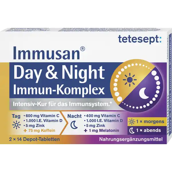 tetesept Immusan Day & Night Immun-Komplex: Цвет: https://www.rossmann.de/de/gesundheit-tetesept-immusan-day-und-night-immun-komplex/p/4008491105309
Produktbeschreibung und details IntensivKur fr das Immunsystem Ein geregelter TagNachtRhythmus ist einem gesunden Immunsystem zutrglich Besonders der positive Effekt von Schlaf auf das Immunsystem ist erforscht tetesept Immusan Day ampamp Night orientiert sich mit dem Einnahmezyklus am natrlichen SchlafWachRhythmus Hochdosiertes Vitamin C D Zink und Selen sorgen fr die Funktion des normalen Immunsystems Tagsber untersttzt Vitamin B den Energiestoffwechsel whrend Koffein als klassischer Wachmacher bekannt ist Abends untersttzt Melatonin das schnelle Einschlafen und Magnesium die Muskelentspannung Dank der DepotTechnologie in beiden Tabletten ist der Krper rund um die Uhr mit ImmunNhrstoffen versorgt tetesept Immusan Day ampamp Night enthlt folgende Nhrstoffe  Vitamin C D Zink und Selen untersttzen die normale Funktion des Immunsystems  Vitamin B trgt zu einem normalen Energiestoffwechsel bei  Magnesium untersttzt die normale Muskelfunktion  Melatonin trgt dazu bei die Einschlafzeit zu verkrzen Lebensmittelunternehmer Name Merz Consumer Care GmbH Adresse Eckenheimer Landstrae   Frankfurt wwwteteseptde Rechtlich vorgeschriebene Produktbezeichnung Nahrungsergnzungsmittel mit Koffein Melatonin Vitaminen undMineralstoffen Zutaten Ascorbinsure Vitamin C Fllstoffe Mikrokristalline Cellulose Hydroxypropylmethylcellulose Magnesiumoxid Koffein  Trennmittel Magnesiumsalze der Speisefettsuren Maltodextrin Zinkoxid Trennmittel Calciumsilikat berzugsmittel Hydroxypropylcellulose Strke Farbstoff Calciumcarbonat Trennmittel Talkum l pflanzlich Raps Kokosnuss Farbstoff Eisenoxid rot Saccharose Melatonin  Trennmittel Speisefettsure Farbstoff Eisenoxid gelb Cyanocobalamin Vitamin B Natriumselenat Cholecalciferol Vitamin D Nhrwerte Durchschnittliche Nhrwertangaben pro  Portion Tagesdosis   Tabletten  Tablette quotTagquot und  Tablette quotNachtquot Tagesdosis Referenzwert Anteil der Referenzwerte fr die tgliche Zufuhr gem Europischer Lebensmittelinformationsverordnung LMIV NRV  Nutrient Reference Value NRV Magnesium  mg   Zink  mg   Selen  g   Vitamin D  g   Vitamin C  mg   Vitamin B  g   Anwendung und Gebrauch Verzehrsempfehlung x tglich  Tablette mit ausreichend Flssigkeit unzerkaut verzehren Die Tablette quotTagquot morgens und die Tablette quotNachtquot abends vor dem Schlafengehen verzehren Die positive Wirkung von Melatonin stellt sich ein wenn die Tablette quotNachtquot kurz vor dem Schlafengehen genommen wird Die empfohlene tgliche Verzehrsmenge darf nicht berschritten werden Fr Erwachsene Zustzlich keine weiteren Vitamin D Vitamin C und Vitamin B haltigen Prparate verzehren Gebrauch Aufbewahrung und Verwendung Aufbewahrungs und Verwendungsbedingungen Vor Hitze und direkter Lichteinstrahlung schtzen Fr kleine Kinder unzugnglich aufbewahren Warnhinweise und wichtige Hinweise Warnhinweise Enthlt Koffein Fr Kinder und schwangere Frauen nicht empfohlen  mg Koffein pro Tagesdosis Die empfohlene tgliche Verzehrsmenge darf nicht berschritten werden Nahrungsergnzungsmittel sind kein Ersatz fr eine abwechslungsreiche und ausgewogene Ernhrung die zusammen mit einer gesunden Lebensweise von Bedeutung ist Fr kleine Kinder unzugnglich aufbewahren