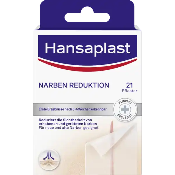 Hansaplast Narben Reduktion: Цвет: https://www.rossmann.de/de/gesundheit-hansaplast-narben-reduktion/p/4005800266508
Produktbeschreibung und details Transparente selbstklebende Pflaster zur Behandlung von erhabenen und gerteten hypertrophen Narben sowie Keloiden fachEffekt macht Narben flacher heller und weicher fr neue und alte Narben geeignet klinisch besttigt einfache in der Anwendung zuschneidbar auf die gewnschte Gre flexibel und atmungsaktiv wasserfest fr empfindliche Haut geeignet Gre ca  cm x  cm Kontaktdaten Beiersdorf AG D Hamburg wwwhansaplastcom  UrsprungslandHerkunftsort Spanien Anwendung und Gebrauch Bitte lesen Sie vor der Anwendung die Packungsbeilage Tragen Sie das Pflaster mindestens  Stunden am Tag oder bei Nacht Die Behandlungsdauer betrgt ca  Wochen und kann von Narbe zu Narbe variieren Warnhinweise und wichtige Hinweise Warnhinweise Die Verpackung des Produktes enthlt Latex Das Produkt ist latexfrei Produkt nicht wiederverwendbar Konformittserklrung Konformittserklrung Laden Sie das Dokument zum Produkt als PDF herunter