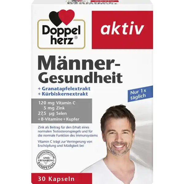 Doppelherz aktiv MnnerGesundheit Kapseln: Цвет: https://www.rossmann.de/de/gesundheit-doppelherz-aktiv-maenner-gesundheit-kapseln/p/4009932005554
Produktbeschreibung und details Die Doppelherz MnnerGesundheit Kapseln kombinieren  mg Vitamin C wertvolle BVitamine sowie die Spurenelemente Zink Selen und Kupfer Zustzlich enthalten sind  mg Granatapfelextrakt und  mg Krbiskernextrakt Zink als Betrag fr den Erhalt eines normalen Testosteronspiegels und fr die Funktion des Immunsystems Selen trgt zu einer normalen Spermienbildung bei Zink und Selen leisten einen Beitrag fr den Erhalt normaler Haare Kupfer untersttzt eine normale Haarpigmentierung Vitamin B und B leisten einen Beitrag zu einem normalen Energiestoffwechsel Vitamin B trgt zu einer normalen Herzfunktion bei Vitamin B trgt zur Regulierung der Hormonttigkeit bei Vitamin C trgt zur Verringerung von Mdigkeit und Erschpfung bei Darber hinaus untersttzt das wasserlsliche Vitamin die normale Funktion des Immunsystems und den Schutz der Zellen vor oxidativem Stress Lebensmittelunternehmer Name Queisser Pharma GmbH ampamp Co KG Adresse Schleswiger Strae   Flensburg wwwdoppelherzde UrsprungslandHerkunftsort Deutschland Testurteile Qualittssiegel ampamp Verbandszeichen Rechtlich vorgeschriebene Produktbezeichnung NahrungsergnzungsmittelKapseln mit Vitaminen Spurenelementen Granatapfelextrakt und Krbiskernextrakt Zutaten Granatapfelextrakt Fllstoff Dicalciumphosphat Vitamin C Krbiskernextrakt Gelatine Rind Maltodextrin Zinkgluconat Trennmittel Magnesiumsalze der Speisefettsuren Trennmittel Siliciumdioxid Vitamin B Vitamin B Kupfergluconat Farbstoff Eisenoxide und Eisenhydroxide Natriumselenit Vitamin B Nhrwerte Durchschnittliche Nhrwertangaben pro  Portion  Kapsel NRV Zink  mg   Kupfer  mg   Selen  g   Vitamin C  mg   Vitamin B Thiamin  mg   Vitamin B  mg   Vitamin B  g   Anwendung und Gebrauch Tglich  Kapsel mit etwas Flssigkeit unzerkaut einnehmen Gebrauch Aufbewahrung und Verwendung Aufbewahrungs und Verwendungsbedingungen Trocken und nicht ber C lagern Warnhinweise und wichtige Hinweise Warnhinweise Die angegebene empfohlene tgliche Verzehrsmenge darf nicht berschritten werden Nahrungsergnzungsmittel sind kein Ersatz fr eine ausgewogene und abwechslungsreiche Ernhrung und eine gesunde Lebensweise Fr Kinder und Jugendliche nicht geeignet Fr kleine Kinder unzugnglich aufbewahren Ab einer Menge von mgTag sollte auf weitere zinkhaltige Nahrungsergnzungsmittel verzichtet werden