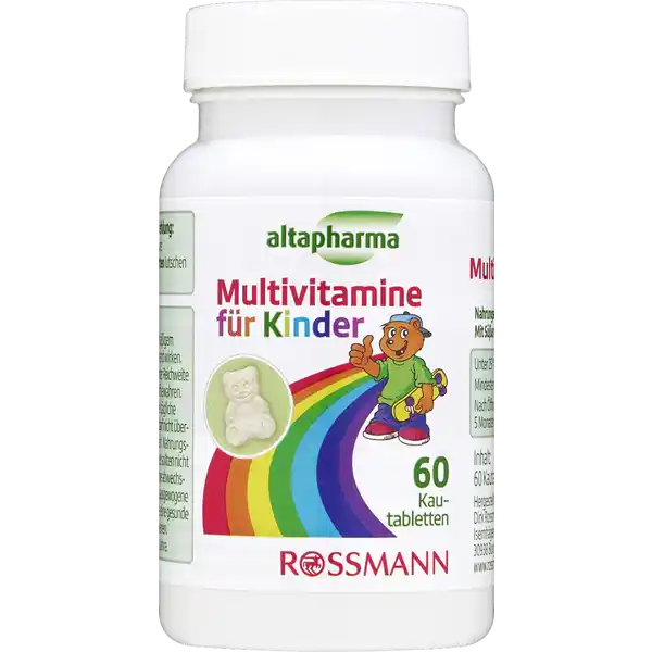 altapharma Multivitamine fr Kinder: Цвет: https://www.rossmann.de/de/gesundheit-altapharma-multivitamine-fuer-kinder/p/4305615941899
Produktbeschreibung und details Durch eine nicht ausgewogene oder falsche Ernhrung wie zB Fast Food kann es zu einer Unterversorgung des kindlichen Organismus an lebenswichtigen Vitaminen kommen Biotin Niacin Pantothensure und die Vitamine B und B tragen zu einem normalen Energiestoffwechsel bei Zu einer normalen Funktion des Immunsystems trgt Vitamin C und zur Erhaltung normaler Knochen und Zhne Vitamin D bei Das enthaltene Vitamin E trgt dazu bei die Zellen vor oxidativem Stress zu schtzen Altapharma Multivitamine fr Kinder enthalten wertvolle Vitamine und sind fr Kinder ab  Jahren eine wohlschmeckende Nahrungsergnzung mit Orangengeschmack Kontaktdaten Dirk Rossmann GmbH Isernhgener Strae   Burgwedel wwwrossmannde Testurteile Qualittssiegel ampamp Verbandszeichen Zutaten Fllstoff Sorbit LAscorbinsure Vitamin C Sureregulator Natriumcitrat Suerungsmittel Apfelsure DLalphaTocopherylacetat Vitamin E Nicotinamid Niacin Trennmittel Magnesiumsalze der Speisefettsuren natrliches Aroma Orange CalciumDPantothenat Pantothensure Sungsmittel Sucralose Thiaminhydrochlorid Vitamin B Riboflavin Vitamin B Pyridoxinhydrochlorid Vitamin B Pteroylmonoglutaminsure Folsure DBiotin Cholecalciferol Vitamin D Cyanocobalamin Vitamin B Nhrwerte Durchschnittliche Nhrwertangaben pro  Portion pro  g pro Tablette Energie  kj   kcal  kj   kcal Fett amplt  g  g davon  gesttigte Fettsuren amplt  g  g Kohlenhydrate  g  g davon  Zucker amplt  g amplt  g Eiwei amplt  g amplt  g Salz amplt  g  g Anwendung und Gebrauch Kinder ab  Jahre tglich  Tabletten lutschen oder kauen Gebrauch Aufbewahrung und Verwendung Aufbewahrungs und Verwendungsbedingungen Unter  C trocken und vor Licht geschtzt aufbewahren Bitte auerhalb der Reichweite von Kindern aufbewahren Warnhinweise und wichtige Hinweise Warnhinweise Kann bei bermigem Verzehr abfhrend wirken Die empfohlene tgliche Verzehrmenge darf nicht berschritten werden Nahrungsergnzungsmittel sollten nicht als Ersatz fr eine abwechslungsreiche und ausgewogene Ernhrung sowie eine gesunde Lebensweise dienen Fr Kinder ab  Jahre