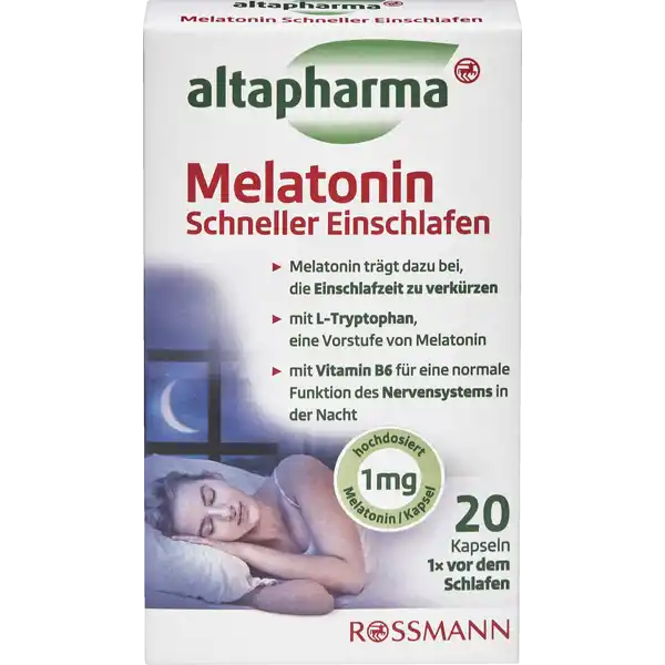 altapharma Melatonin Schneller Einschlafen: Цвет: https://www.rossmann.de/de/gesundheit-altapharma-melatonin-schneller-einschlafen/p/4305615835297
Produktbeschreibung und details Das krpereigene Hormon Melatonin trgt dazu bei dass man abends mde wird Ist die natrliche Ausschttung jedoch gestrt durch ua Stress Jetlag oder hormonelle Vernderungen knnen Einschlafprobleme die Folge sein Dies fhrt auf Dauer zu Erschpfung und Leistungsabfall Altapharma Melatonin Schneller Einschlafen trgt mit dem Inhaltsstoff Melatonin gezielt dazu bei die Einschlafzeit zu verkrzen Die Rezeptur ist sinnvoll ergnzt mit der Aminosure LTryptophan der Vorstufe von Melatonin Zustzlich trgt Vitamin B zu einer normalen Funktion des Nervensystems und Magnesium zu einer normalen Muskelfunktion in der Nacht bei Altapharma Melatonin Schneller Einschlafen untersttzt mit der speziellen Inhaltsstoffkombination eine erholsame Nacht und somit einen leistungsfhigen Start in den Tag Melatonin trgt dazu bei die Einschlafzeit zu verkrzen mit LTryptophan eine Vorstufe von Melatonin mit Vitamin B fr eine normale Funktion des Nervensystems in der Nacht hochdosiert  mg Melatonin  Kapsel Lebensmittelunternehmer Name Dirk Rossmann GmbH Adresse Isernhgener Str   Burgwedel wwwrossmannde UrsprungslandHerkunftsort Deutschland Melatonin aus NichtEU Testurteile Qualittssiegel ampamp Verbandszeichen Rechtlich vorgeschriebene Produktbezeichnung Nahrungsergnzungsmittel mit Melatonin Vitamin B Magnesium und LTryptophan Zutaten Magnesiumoxid LTryptophan Gelatine Fllstoff mikrokristalline Cellulose Trennmittel Magnesiumsalze der Speisefettsuren und Siliciumdioxid Melatonin Pyridoxinhydrochlorid Vitamin B Nhrwerte Durchschnittliche Nhrwertangaben pro  Portion pro  g  Kapsel Energie  kj   kcal  kj   kcal Fett amplt  g  g davon  gesttigte Fettsuren amplt  g  g Kohlenhydrate amplt  g amplt  g davon  Zucker  g  g Eiwei amplt  g  g Salz  g  g NRV Magnesium  mg   Vitamin B  mg   Anwendung und Gebrauch Vor dem Schlafengehen  Kapsel mit ausreichend Wasser einnehmen Gebrauch Aufbewahrung und Verwendung Aufbewahrungs und Verwendungsbedingungen Unter C trocken und vor Licht geschtzt aufbewahren Auerhalb der Reichweite von kleinen Kindern aufbewahren Warnhinweise und wichtige Hinweise Warnhinweise Die empfohlene tgliche Verzehrmenge darf nicht berschritten werden Nahrungsergnzungsmittel sollten nicht als Ersatz fr eine abwechslungsreiche und ausgewogene Ernhrung sowie eine gesunde Lebensweise dienen Eine Anwendung bei Kindern und eine Einnahme ber einen lngeren Zeitraum bzw Daueranwendung wird nicht empfohlen Bitte wenden Sie sich bei Fragen an Ihren Arzt