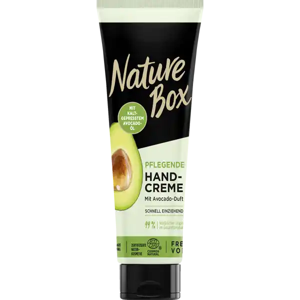 Nature Box pflegende Handcreme mit Avocado-Duft: Цвет: Produktbeschreibung und details Glckliche Hnde Entdecke die grne Superkraft der Avocado Diese Handcreme mit kaltgepresstem Avocadol gibt deinen Hnden die nhrende Pflege von der sie getrumt haben Die pflegende vegane Formel mit ihrer weichen Textur zieht schnell in die Haut ein Das Ergebnis samtigweiche und geschmeidige Hnde fr  Stunden Die Handcreme wurde dermatologisch getestet und die Verpackung ist recycelbar frei von tierischen Inhaltsstoffen mit kaltgepresstem Avocadol schnell einziehend frei von Silikonen  natrlicher Ursprung im Gesamtprodukt vegane Formel zertifizierte Naturkosmetik frei von tierischen Inhaltsstoffen Kontaktdaten Schwarzkopf ampamp Henkel Dsseldorf wwwnatureboxbeautycom     Testurteile Qualittssiegel ampamp Verbandszeichen Inhaltsstoffe Aqua Water EauBehenyl AlcoholCocoCaprylateCetearyl AlcoholHelianthus Annuus Sunflower Seed OilButyrospermum Parkii Shea ButterGlycerinPersea Gratissima Avocado OilSodium Stearoyl LactylateLecithinParfum FragranceXanthan GumSclerotium GumTocopherolLactic AcidLimoneneLinaloolGeraniolCitralSodium BenzoateBenzyl Alcohol
https://www.rossmann.de/de/pflege-und-duft-nature-box-pflegende-handcreme-mit-avocado-duft/p/4015100403688