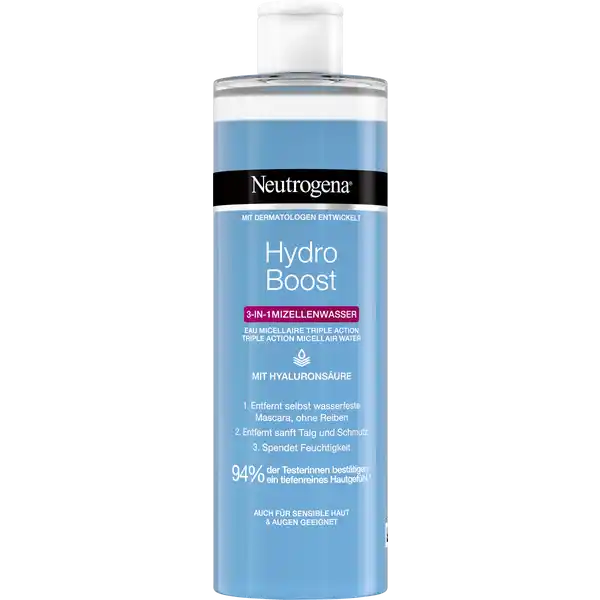 Neutrogena Hydro Boost 3-in-1 Mizellenwasser: Цвет: Produktbeschreibung und details Das besondere Hydro Boost in Mizellenwasser enthlt Hyaluronsure und drei verschiedene MizellenMolekle durch deren Zusammenwirken ein fachEffekt erzielt wird entfernt Makeup und selbst wasserfeste Mascara ohne Reiben entfernt sanft Talg und Schmutz spendet Feuchtigkeit So erfrischend effektiv dass  der befragten Konsumentinnen ein sprbar tiefenreines Hautgefhl besttigen Dermatologisch ampamp augenrztlich getestet Auch fr sensible Haut ampamp Augen geeignet Verstopft die Poren nicht SelbstEinschtzung von  TestTeilnehmerinnen die das Produkt x tglich ber einen Zeitraum von einer Woche getestet haben  Kontaktdaten Johnson ampamp Johnson Sant Beaut France  IssylesMoulineauFrance F Val de Reuil wwwneutrogenade UrsprungslandHerkunftsort Griechenland Anwendung und Gebrauch Mit einem Wattepad auf Gesicht und Augenpartie auftragen Kein Abwaschen ntig Gebrauch Aufbewahrung und Verwendung Aufbewahrungs und Verwendungsbedingungen Vor Frost schtzen Inhaltsstoffe Aqua PEG CaprylicCapric Glycerides Polysorbate  Butylene Glycol PEG Sodium Hyaluronate Poloxamer  Disodium EDTA Citric Acid BHT Sodium Benzoate Parfum
https://www.rossmann.de/de/pflege-und-duft-neutrogena-hydro-boost-3-in-1-mizellenwasser/p/3574661450902