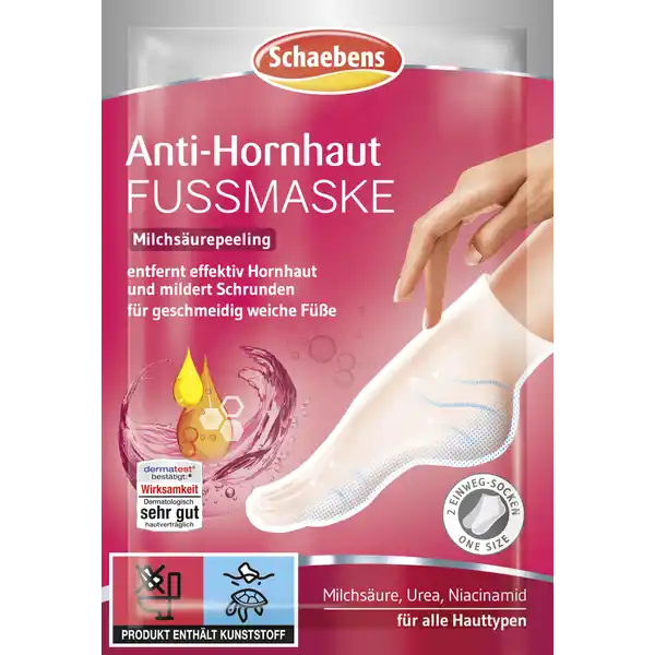 Schaebens AntiHornhaut Fumaske: Цвет: Produktbeschreibung und details Die Schaebens AntiHornhaut Fumaske mit pflegenden Inhaltsstoffen und frischem Gurkenduft sorgt schnell und unkompliziert fr schne gepflegte Fe Die spezielle Formulierung mit Milchsure lst sanft aber effektiv Hornhaut von den Fen und mildert Schrunden  ganz ohne Nutzung von Fupflegegerten und mechanischem Aufwand Urea versorgt die Haut gleichzeitig mit intensiver Feuchtigkeit whrend Niacinamid die hauteigenen Reparaturfunktionen anregt Das Ergebnis Fhlbar weichere und gepflegte Haut  Mikroplastik PEGs Silikone Paraffine Farbstoffe tierische Inhaltsstoffe Kontaktdaten Schaebens  Frechen Germany wwwschaebensde UrsprungslandHerkunftsort China Testurteile Qualittssiegel ampamp Verbandszeichen Anwendung und Gebrauch  Nagellack knstliche Ngel UV und Gellacke entfernen und Fuschmuck abnehmen Fe reinigen und abtrocknen  Fumasken aus der Verpackung entnehmen und an der Siegelnaht aufschneiden  Fumasken anziehen sodass die Fe von den beiden Fleecelagen umhllt sind Mit den Klebestreifen verschlieen sodass keine Flssigkeit auslaufen kann Achtung Rutschgefahr beim Laufen  Die Masken  Minuten einwirken lassen je nach Verhornungsgrad Die Anwendungszeit sollte nicht berschritten werden Danach Fumasken entfernen die Fe mit einer milden Waschlotion waschen und danach abtrocknen  Tage nach der Anwendung beginnt sich die Hornhaut abzulsen Cremen Sie die Haut tglich ein Inhaltsstoffe Aqua Alcohol Lactic Acid Urea Allantoin Aloe Barbadensis Leaf Juice Hamamelis Virginiana Extract Hydrolyzed Sodium Hyaluronate Niacinamide Portulaca Oleracea Extract Ricinus Communis Seed Oil Rosa Rugosa Flower Extract Sodium Acetylated Hyaluronate Sodium Hyaluronate Betaine Benzyl Salicylate Ethylhexylglycerin Hexyl Cinnamal Hydroxyethylcellulose Parfum Pentylene Glycol Propylene Glycol Sodium Hyaluronate Crosspolymer Sodium Hydroxide Warnhinweise und wichtige Hinweise Warnhinweise Auerhalb der Reichweite von Kindern aufbewahren Nur zur uerlichen Anwendung Nicht mit den Augen oder Schleimhuten in Kontakt bringen Nicht hufiger als x in der Woche anwenden Hornhaut nicht gewaltsam entfernen Fupartien die nicht von Hornhaut betroffen sind knnen empfindlich reagieren Bei Hautirritationen die Anwendung abbrechen und einen Arzt konsultieren In der Schwangerschaft oder Stillzeit vor Gebrauch einen Arzt fragen Produktkontakt mit Kleidung  Textilien vermeiden Direkte Sonneneinstrahlung bis zu einer Woche nach Anwendung meiden oder Lichtschutzprodukte benutzen Ein Paar Tage vor der Anwendung die Beine nicht rasierenepilieren Nur zum einmaligen Gebrauch nach dem ffnen unmittelbar anwenden Achtung Rutschgefahr nicht mit angezogenen Socken laufen Produkt nicht verwenden bei Kindern unter  Jahren bei sensibler wunder verletzter oder gereizter Haut bei im Fubereich vorhandenen Tattoos bei Diabetes wenn Sie empfindlich auf einen der Inhaltstoffe reagieren wenn Sie unter Fupilz Nagelpilz oder Warzen leiden wenn Sie auf Surepeeling empfindlich reagieren
https://www.rossmann.de/de/pflege-und-duft-schaebens-anti-hornhaut-fussmaske/p/4003573021720