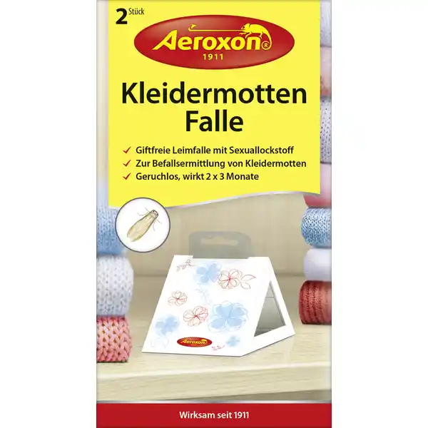 Aeroxon Kleidermotten Falle: Цвет: Produktbeschreibung und details Giftfreie geruchlose und anwendungsfertige MonitorLockstofffalle zur Befallsermittlung von Kleidermotten an Textilien Pelzen Teppichen Vorhngen Polstermbeln Matratzen und anderen Stoffen Langzeitwirkung  Monate pro Falle Fr alle Schrnke Kontaktdaten Aeroxon Insect Control GmbH Bahnhofstrae  D Waiblingen wwwaeroxonde  Anwendung und Gebrauch Jeweils eine Falle pro Schrankabteil oder Raum max  m verwenden Die besten Fangergebnisse erhalten Sie in einer Hhe von  m Gebrauch Aufbewahrung und Verwendung Aufbewahrungs und Verwendungsbedingungen Produkt khl und trocken lagern Die Fallen knnen ber den Hausmll entsorgt werden Die Faltschachtel der Wertstoffsammlung zufhren Inhaltsstoffe Sexuallockstoffe Pheromone Leim Warnhinweise und wichtige Hinweise Warnhinweise Nach Augenkontakt falls Augen verklebt sind Artzt aufsuchen
https://www.rossmann.de/de/haushalt-aeroxon-kleidermotten-falle/p/4027600234402