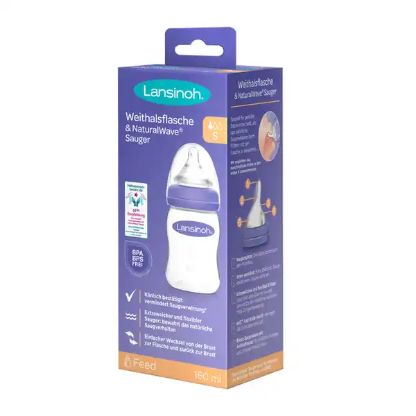 Lansinoh Babyflasche mit NaturalWave® Sauger, 160 ml: Цвет: Produktbeschreibung und details Die ergonomisch geformte Babyflasche mit dem besonderen NaturalWave Sauger wurde speziell fr Stillbabys entwickelt Gre  ml Babyflasche inkl NaturalWave Sauger in Gre S ergonomisch geformte Weithalsflasche einfaches Befllen und Reinigen tropffreie hygienische Schutzkappe extra flexibler NaturalWave Sauger speziell fr Stillbabys entwickelt Er bewahrt das natrliche Saugverhalten und ermglicht einen einfachen Wechsel von der Brust zur Flasche und zurck zur Brust Kontaktdaten Lansinoh Laboratories Inc Bayerischer Platz   Berlin wwwlansinohde
https://www.rossmann.de/de/baby-und-spielzeug-lansinoh-babyflasche-mit-naturalwave-sauger-160-ml/p/5060062999600