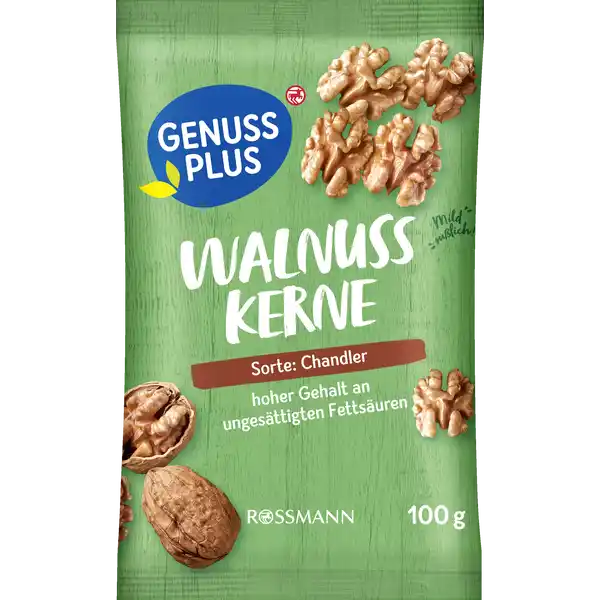 GENUSS PLUS Walnusskerne: Цвет: Produktbeschreibung und details Mildslicher Snack frs Msli Topping oder einfach so Walnusskerne haben einen hohen Gehalt an OmegaFettsuren Und wusstest du dass weibliche Blten des Walnussbaumes ber den Wind bestubt werden Sorte Chandler hoher Gehalt an ungesttigten Fettsuren glutenfrei laktosefrei vegan Von Natur aus vegan glutenfrei und laktosefrei Laktosegehalt unter  gg Lebensmittelunternehmer Name Dirk Rossmann GmbH Adresse Isernhgener Str   Burgwedel Germany wwwrossmannde      Testurteile Qualittssiegel ampamp Verbandszeichen Rechtlich vorgeschriebene Produktbezeichnung Walnusskerne Zutaten WALNUSSKERNE  Kann Spuren von weiteren SCHALENFRCHTEN und ERDNSSEN enthalten Nhrwerte Durchschnittliche Nhrwertangaben pro  g pro  Portion  Portion  g Energie  kj   kcal  kj   kcal Fett  g  g davon  gesttigte Fettsuren  g  g  einfach ungesttigte Fettsuren  g  g  mehrfach ungesttigte Fettsuren  g  g  AlphaLinolensure  g  g Kohlenhydrate  g  g davon  Zucker  g  g Eiwei  g  g Salz amplt  g amplt  g Gebrauch Aufbewahrung und Verwendung Aufbewahrungs und Verwendungsbedingungen Trocken und wrmegeschtzt lagern Auch wenn ich unter Schutzatmosphre verpackt bin Rei mich auf verschlie mich gut und knabbere alles innerhalb weniger Tage auf Warnhinweise und wichtige Hinweise Warnhinweise ACHTUNG Nsse knnen in die Atemwege von Kleinkindern gelangen Unter Schutzatmosphre verpackt Genie unsere Walnusskerne im Rahmen einer abwechslungsreichen und ausgewogenen Ernhrung sowie einer gesunden Lebensweise
https://www.rossmann.de/de/lebensmittel-genuss-plus-walnusskerne/p/4305615839356