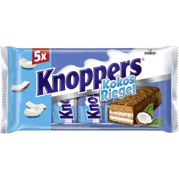 Knoppers KokosRiegel: Цвет: Produktbeschreibung und details mit knusprigen Waffeln und leckerer Milch und Kokoscreme sowie feinen Kokosraspeln in Karamell umhllt von Vollmilchschokolade praktisch fr unterwegs Lebensmittelunternehmer Name AUGUST STORCK KG Adresse Waldstr  D Berlin wwwstorckcomwwwknopperscom Rechtlich vorgeschriebene Produktbezeichnung Waffelriegel mit Milchcreme  Kokoscreme verfeinert mit Haselnssen  Kokosraspeln  und zartem Karamell  umhllt von Vollmilchschokolade  Zutaten Zucker Glukosesirup pflanzliche Fette Palm Shea Kokosraspel  VOLLMILCHPULVER  Kakaobutter MAGERMILCHPULVER  kondensierte MAGERMILCH  WEIZENMEHL  Kakaomasse WEIZENVOLLKORNMEHL  Feuchthaltemittel Sorbitsirup BUTTERMILCHPULVER  MILCHZUCKER  SAHNE  HASELNSSE  BUTTERREINFETT  getrocknete Kokosmilch kondensierte SMOLKE  BUTTER  MOLKENERZEUGNIS  Emulgator Lecithine  SOJA  Salz WEIZENSTRKE  natrliche Aromen magerer Kakao SAHNEPULVER  Rohrzuckersirup Backtriebmittel Natriumhydrogencarbonat Stabilisator Carrageen gemahlene ERDNSSE  MILCHEIWEI  natrliches Vanillearoma Kann auch ANTEILE VON MANDEL  ANDEREN NSSEN und EI enthalten Nhrwerte Durchschnittliche Nhrwertangaben pro  g Energie  kj   kcal Fett  g davon  gesttigte Fettsuren  g Kohlenhydrate  g davon  Zucker  g Eiwei  g Salz  g
https://www.rossmann.de/de/lebensmittel-knoppers-kokosriegel/p/4014400929379