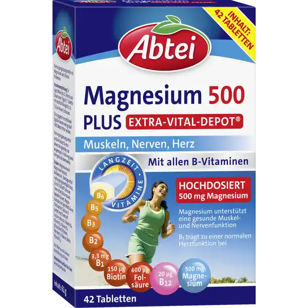 Abtei Magnesium 500 Plus Extra-Vital-Depot: Цвет: Produktbeschreibung und details Krperliche Belastung durch Sport oder Beruf Herausforderungen des Alltags sowie Stresssituationen erfordern Leistungsfhigkeit Energie und starke Nerven Abtei Magnesium  Plus ExtraVitalDepot enthlt  mg hochdosiertes Magnesium und  g Vitamin B Magnesium untersttzt die gesunde Muskelfunktion die Vitamine B B B die Nervenfunktion Das spezielle LangzeitDepot gibt die Nhrstoffe ber mehrere Stunden hinweg ab und ermglicht somit eine kontinuierliche Versorgung des Krpers fr Muskeln Nerven und Herz mit allen BVitaminen hochdosiert  mg Magnesium untersttzt eine gesunde Muskel und Nervenfunktion B trgt zu einer normalen Herzfunktion bei vegan glutenfrei x tglich Lebensmittelunternehmer Name ABTEI OP Pharma GmbH Adresse Abtei  D   Marienmnster wwwabteide Rechtlich vorgeschriebene Produktbezeichnung Nahrungsergnzungsmittel mit Magnesium und Vitamin BKomplex Zutaten Magnesiumoxid Magnesiumhydroxid Maltodextrin berzugsmittel Hydroxypropylmethylcellulose Isomalt Fllstoff Cellulose Trennmittel Siliciumdioxid Speisefettsuren Magnesiumsalze der Speisefettsuren Nicotinamid CalciumDpantothenat Farbstoff Calciumcarbonat Vitamin B Vitamin B Vitamin B pflanzliches l Kokos Palmkern Folsure Biotin Vitamin B Nhrwerte Durchschnittliche Nhrwertangaben pro  Portion  Stck Tagesdosis Referenzwert Referenzmenge nach EULebensmittelinformationsverordnung NRV Magnesium  mg   Vitamin B Thiamin  mg   Vitamin B Riboflavin  mg   Niacin  mg   Vitamin B  mg   Folsure  g   Vitamin B  g   Biotin  g   Pantothensure  mg   Anwendung und Gebrauch Fr Jugendliche ab  Jahren und Erwachsene Tglich  Tablette mit reichlich Flssigkeit zB  Glas Wasser schlucken Gebrauch Aufbewahrung und Verwendung Aufbewahrungs und Verwendungsbedingungen Vor Wrme und Sonneneinstrahlung schtzen Auerhalb der Reichweite kleiner Kinder aufbewahren Warnhinweise und wichtige Hinweise Warnhinweise Magnesiumprparate knnen bei empfindlichen Personen abfhrend wirken Personen mit eingeschrnkter Nierenfunktion sollten vor dem Verzehr ihren Arzt befragen Die angegebene empfohlene tgliche Verzehrsmenge darf nicht berschritten werden Nahrungsergnzungsmittel sind kein Ersatz fr eine abwechslungsreiche und ausgewogene Ernhrung sowie eine gesunde Lebensweise
https://www.rossmann.de/de/gesundheit-abtei-magnesium-500-plus-extra-vital-depot/p/4250752204621