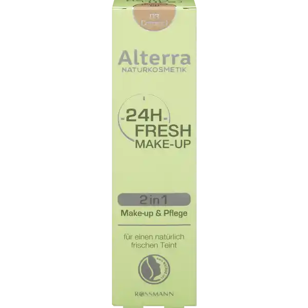 Alterra NATURKOSMETIK 24h Fresh Make-up 03 - Caramel: Цвет: https://www.rossmann.de/de/make-up-alterra-naturkosmetik-24h-fresh-make-up-03---caramel/p/4305615333274
Produktbeschreibung und details Das Alterra h Fresh MakeUp deckt leichte Rtungen und Unebenheiten ab und lsst Ihre Haut natrlich strahlend aussehen Die Kombination aus wertvollen Inhaltsstoffen wie BioJojobal BioSojal und BioCupuauButterie strken die natrliche Barrierefunktion verringern das Austrocknen der Haut und spenden  Stunden Feuchtigkeit Diese Rezeptur ist zu  ohne Mikroplastik laut zertifizierter Naturkosmetik Das AlterraProdukt entspricht den strengen NatrueKriterien Hautvertrglichkeit dermatologisch besttigt Kontaktdaten Dirk Rossmann GmbH Isernhgener Strae   Burgwedel wwwrossmannde Testurteile Qualittssiegel ampamp Verbandszeichen Anwendung und Gebrauch Bei anspruchsvoller Haut vor der Anwendung Ihre gewohnte Alterra Gesichtspflege auftragen Lassen Sie diese gut einziehen bevor Sie das Makeup sanft auf der Haut verteilen Inhaltsstoffe Aqua Water Glycine Soja Soybean Oil Talc CocoCaprylate Glycerin Hydrogenated Vegetable Oil Simmondsia Chinensis Jojoba Seed Oil Cetearyl Olivate Palmitic Acid Stearic Acid Sorbitan Olivate Beta Vulgaris Root Extract Hydrolized Corn Starch Magnesium Aluminium Silicate Theobroma Grandiflorum Seed Butter Sodium Levulinate Hydrogenated Lecithin Galactoarabinan Xanthan Gum Lactic Acid Sodium Anisate Glyceryl Caprylate Tocopherol Helianthus Annuus Sunflower Seed Oil pAnisic Acid Parfum Essential Oils  CI  Titanium Dioxide CI  Iron Oxides CI  Iron Oxides aus kontrolliert biologischem Anbau