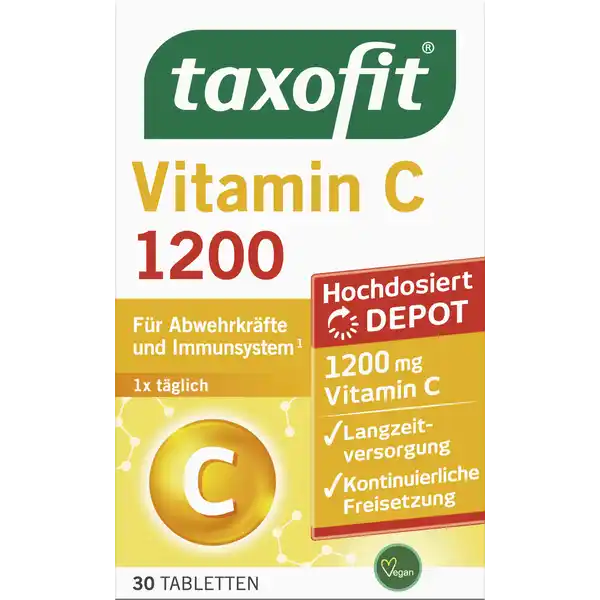 taxofit Vitamin C 1200 Tabletten: Цвет: https://www.rossmann.de/de/gesundheit-taxofit-vitamin-c-1200-tabletten/p/4008617032243
Produktbeschreibung und details Wenn es drauen ungemtlich nass und kalt wird sollte man sich besonders gut auf sein Immunsystem verlassen knnen Im Falle einer unausgewogenen Ernhrung kann es zu einer unzureichenden Versorgung mit Vitamin C kommen Unangenehme Wetterbedingungen und Stress fordern zustzlich das Immunsystem Mit taxofit Vitamin C  Tabletten wird der Krper auch in solchen Zeiten untersttzt  denn das hochdosierte Vitamin C untersttzt die normale Funktion des Immunsystems damit man mit gewohnter Kraft und Energie durch diese Phasen des Jahres kommt DepotTablette fr eine kontinuierliche Freisetzung ber mehrere Stunden und Langzeitversorgung mit hochdosiertem Vitamin C zuckerfrei lactosefrei glutenfrei gelatinefrei fr Abwehrkrfte und Immunsystem trgt zur Verringerung von Mdigkeit und Ermdung bei trgt dazu bei die Zellen vor oxidativem Stress zu schtzen mit Ernhrungswissenschaftlern entwickelt Lebensmittelunternehmer Name MCM Klosterfrau Adresse D Kln wwwtaxofitde Rechtlich vorgeschriebene Produktbezeichnung Nahrungsergnzungsmittel mit Vitamin C Zutaten LAscorbinsure Vitamin C Fllstoffe Cellulose Calciumphosphate Geliermittel Hydroxypropylmethylcellulose Trennmittel Fettsuren Magnesiumsalze der Speisefettsuren Siliciumdioxid Rapsl ganz gehrtet Nhrwerte Durchschnittliche Nhrwertangaben pro  Portion  Stck NRV Vitamin C  mg   Anwendung und Gebrauch  Depot Tablette tglich mit etwas Flssigkeit unzerkaut schlucken Gebrauch Aufbewahrung und Verwendung Aufbewahrungs und Verwendungsbedingungen Bitte trocken und nicht ber  C lagern Warnhinweise und wichtige Hinweise Warnhinweise Nahrungsergnzungsmittel sollten nicht als Ersatz fr eine ausgewogene und abwechslungsreiche Ernhrung verwendet werden oder eine gesunde Lebensweise ersetzen Die angegebene empfohlene tgliche Verzehrsmenge darf nicht berschritten werden Auerhalb der Reichweite von kleinen Kindern lagern Nur fr Erwachsene geeignet