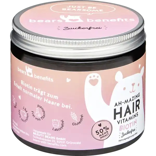 bears with benefits AhMazing Hair Vitamins Biotin zuckerfrei Gummibrchen: Цвет: https://www.rossmann.de/de/gesundheit-bears-with-benefits-ah-mazing-hair-vitamins-biotin-zuckerfrei-gummibaerchen/p/0745178575799
Produktbeschreibung und details Bears with Benefits AHMAZING HAIR Vitamins ZUCKERFREI sind VitaminGummibrchen mit hochdosiertem Biotin fr deine Schnheit von innen Die zuckerfreie Version des Bestsellers ist hergestellt in Deutschland unter hchsten Qualittskriterien  das gibt es nur von BEARS WITH BENEFITS Kleine Brchen groe Wirkung Die sen Gummies enthalten  mcg Biotin Vitamin B pro Brchen  doppelt so viel wie andere Produkte Biotin ist fr ein gesundes Haarwachstum unerlsslich Es trgt nachweislich zu einem normalen Energiestoffwechsel dem Erhaltung normaler Haut und dem Erhalt normaler Haare bei Zustzlich ergnzt wird der intelligente Wirkstoffkomplex durch Kokosnussl Zink Folsure Vitamin A Vitamin C Vitamin E Inositol Vitamin B und Pantothensure Vitamin B Bears with Benefits AHMAZING HAIR Vitamins ZUCKERFREI sind sowohl fr Frauen als auch fr Mnner geeignet Fr eine optimale Versorgung empfehlen sie  Brchen tglich zu genieen Die Brchen sind fr eine dauerhafte Einnahme geeignet Ein Glas mit  Brchen versorgt dich einen Monat lang mit allen Vitaminen die Haut Haare und Ngel brauchen Bears with Benefits AHMAZING HAIR Vitamins ZUCKERFREI sind  vegan glutenfrei laktosefrei und frei von knstlichen Farbstoffen wie Titandioxid Sie enthalten keine tierischen Bestandteile bspw Gelatine Bears with Benefits sind die moderne Form der Nahrungsergnzungsmittel  Schluss mit Pillen und Tabletten her mit dem Genuss Sie strken deine Schnheit von innen  Brchen fr Brchen Und das ganz ohne Zucker Denn wer sagt dass Vitamine nicht lecker sein knnen vegan  recyceltes PET frei von Titandioxid laktosefrei glutenfrei Lebensmittelunternehmer Name Beautybears GmbH Adresse Schlossstrasse   Grnwald wwwbearswithbenefitscom UrsprungslandHerkunftsort Deutschland Rechtlich vorgeschriebene Produktbezeichnung Nahrungsergnzungsmittel mit Biotin und Sssungsmittel Zutaten Suungsmittel Maltitsirup modifizierte Strke Suerungsmittel Citronensure naturliches Aroma KarottenKonzentrat SukartoffelKonzentrat L Ascorbinsure DLalphaTocopherylacetat DBiotin DCalciumpantothenat Zinkgluconat Pyridoxinhydrochlorid Retinylacetat Pteroylglutaminsure Kaliumiodid Cholin Inositol Pflanzliche le Kokosnuss Raps Sungsmittel Steviolglycoside berzugsmittel Carnaubawachs Nhrwerte Durchschnittliche Nhrwertangaben pro  Portion  Stck   Gramm Energie  kj   kcal Fett amplt  g davon  gesttigte Fettsuren amplt  g Kohlenhydrate  g davon  Zucker amplt  g  mehrwertige Alkohole  g Ballaststoffe  g Eiwei  g Salz amplt  g NRV Zink  mg   Jod  g   Vitamin A  g   Vitamin E  g   Vitamin C  mg   Vitamin B  mg   Folsure  g   Biotin  g   Pantothensure  mg   Anwendung und Gebrauch  Stck am Tag Gebrauch Aufbewahrung und Verwendung Aufbewahrungs und Verwendungsbedingungen Das Produkt auerhalb der Reichweite von kleinen Kindern lagern Khl und trocken unter C lagern Warnhinweise und wichtige Hinweise Warnhinweise In der Schwangerschaft oder Stillzeit konsultieren Sie bitte vor der Einnahme Ihren Arzt Die angegebene empfohlene tgliche Verzehrmenge darf nicht berschritten werden Kann bei bermigem Verzehr abfhrend wirken Nahrungsergnzungsmittel sind kein Ersatz fr eine ausgewogene und abwechslungsreiche Ernhrung sowie eine gesunde Lebensweise