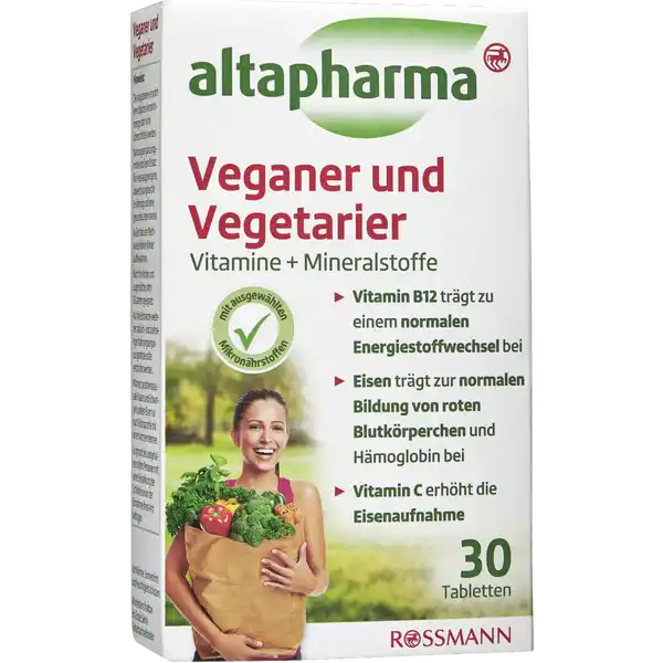 altapharma Veganer und Vegetarier Vitamine + Mineralstoffe: Цвет: https://www.rossmann.de/de/gesundheit-altapharma-veganer-und-vegetarier-vitamine--mineralstoffe/p/4305615911816
Produktbeschreibung und details Immer mehr Menschen entscheiden sich fr eine vegetarische oder vegane Ernhrung Aber der Verzicht auf tierische Lebensmittel kann zur Folge haben dass die Versorgung mit bestimmten Nhrstoffen bei Vegetariern und Veganern nicht immer optimal ist Dies gilt insbesondere fr Vitamin B aber auch die Vitamine B und Vitamin D sowie die Mineralstoffe Calcium Eisen Jod Zink und Selen kommen manchmal zu kurz Vitamin B B C sowie Calcium Jod und Eisen spielen eine Rolle fr den Energiestoffwechsel Eisen und Vitamin B werden fr die Bildung roter Blutkrperchen bentigt und tragen ebenso wie Vitamin C D und Zink zu einer normalen Funktion des Immunsystems bei Calcium und Vitamin D werden fr den Erhalt normaler Knochen bentigt und tragen zum Erhalt einer normalen Muskelfunktion bei Zink wird fr den Erhalt normaler Haut Haare und Ngel bentigt glutenfrei laktosefrei vegan Kontaktdaten Dirk Rossmann GmbH Isernhgener Strae   Burgwedel wwwrossmannde UrsprungslandHerkunftsort Deutschland Caliumcarbonat aus NichtEU Testurteile Qualittssiegel ampamp Verbandszeichen Zutaten Calciumcarbonat Fllstoff Sorbit Maltodextrin berzugsmittel Hydroxypropylmethylcellulose LAscorbinsure Eisenfumarat ganz gehrtetes Rapsl Fllstoff Mannit Trennmittel Magnesiumsalze der Speisefettsuren Zinkoxid Kokosl Riboflavin Natriumselenit Kaliumiodid Cyanocobalamin Ergocalciferol Feuchthaltemittel Glycerin Anwendung und Gebrauch Verzehrempfehlung Tglich  Tablette mit ausreichend Flssigkeit zB  Glas Wasser zu einer Mahlzeit schlucken Gebrauch Aufbewahrung und Verwendung Aufbewahrungs und Verwendungsbedingungen Vor Wrme Sonnenlicht und Feuchtigkeit schtzen Warnhinweise und wichtige Hinweise Warnhinweise Die angegebene empfohlene tgliche Verzehrsmenge darf nicht berschritten werden Auerhalb der Reichweite kleiner Kinder aufbewahren Nicht fr Kinder und Jugendliche unter  Jahren geeignet Auf die Einnahme weiterer calcium und zinkhaltiger Nahrungsergnzungsmittel sollte verzichtet werden Mnner postmenopausale Frauen und Schwangere sollten Eisen nur nach Rcksprache mit einem Arzt einnehmen Aufgrund des Jodgehaltes sollten Personen mit einer Erkrankung der Schilddrse vor der Einnahme ihren Arzt befragen Nahrungsergnzungsmittel sind kein Ersatz fr eine ausgewogene abwechslungsreiche Ernhrung und eine gesunde Lebensweise