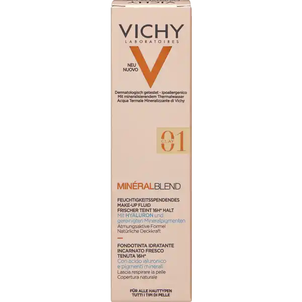 VICHY MINRALBLEND feuchtigkeitsspendendes MakeupFluid  clay: Цвет: Produktbeschreibung und details MINRALBLEND ist das erste ultraleichte MakeupFluid das die Haut intensiv mit Feuchtigkeit versorgt Unebenheiten ausgleicht und so einen frischen Teint schenkt Die atmungsaktive Formel sorgt fr eine gepflegte frische Haut Das MinralblendFluid besitzt eine hautverbessernde MakeupFormel mit pflegenden Inhaltsstoffen wie das VICHY Thermalwasser Hyaluron und Mineralpigmenten Es versorgt die Haut mit Feuchtigkeit und zaubert gleichzeitig einen ebenmigen Teint Die Makeup Textur verschmilzt beim Auftragen sofort mit der Haut Dabei ist das Makeup Fluid atmungsaktiv und schenkt  Stunden lang einen natrlich strahlenden Teint Tag fr Tag wirkt die Haut so frischer Fr ein natrlich strahlendes Ergebnis fr alle Hauttypen mittlere Deckkraft feuchtigkeitsspendend wie eine Pflege hypoallergen nichtkomedogen dermatologisch getestet fr empfindliche Haut geeignet Kontaktdaten VICHY CAICAF  Vichy France TSA   ST OUEN CEDEX FR wwwvichycom UrsprungslandHerkunftsort Frankreich Anwendung und Gebrauch Tragen Sie das Minralblend MakeupFluid fr einen frischen Teint tglich auf die gereinigte Haut auf Schritt   Richtig dosieren Eine kleine Menge der Minralblend MakeupFoundation auf den Handrcken auftragen Mithilfe eines Beauty Blenders MakeupPinsels oder den Fingerspitzen das Fluid aufnehmen Schritt   Auftragen Das Makeup Fluid gleichmig von der Mitte nach auen auf das Gesicht auftragen Schritt   Verblenden Die Textur vom Gesicht bis zum Hals sanft einarbeiten um MakeupRnder zu vermeiden Inhaltsstoffe AQUA WATER  GLYCERIN  CAPRYLYL METHICONE  PROPANEDIOL  DIMETHICONE  PENTYLENE GLYCOL  DIMETHICONE  PEG CROSSPOLYMER  TRIETHOXYSILYLETHYL POLYDIMETHYLSILOXYETHYL DIMETHICONE  PARFUM  FRAGRANCE  SODIUM CHLORIDE  SODIUM HYALURONATE  SODIUM CITRATE  ALUMINA  PHENOXYETHANOL  ALCOHOL DENAT  DISODIUM EDTA  TOCOPHEROL  ISOPROPYL TITANIUM TRIISOSTEARATE  CAPRYLYL GLYCOL  DIPROPYLENE GLYCOL  MAY CONTAIN CI   TITANIUMDIOXIDE  CI  CI  CI   IRON OXIDES
https://www.rossmann.de/de/make-up-vichy-mineralblend-feuchtigkeitsspendendes-make-up-fluid-01-clay/p/3337875641890