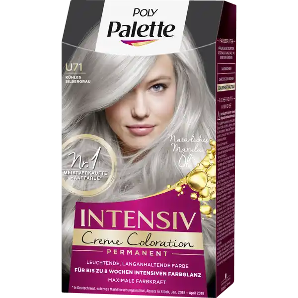 Poly Palette Intensiv Creme Coloration U Khles Silbergrau: Цвет: Produktbeschreibung und details Die reichhaltige ColorCreme mit len lsst die hochkonzentrierten Farbpigmente tief in das Haarinnere eindringen und versiegelt sie im Haar Fr eine besonders ausdrucksstarke und langanhaltende Farbe bis zu  Wochen Unsere verwhnende Pflegemaske mit natrlichem Marulal glttet die Haaroberflche uns sorgt fr atemberaubenden Glanz Unsere speziell entwickelte Formel sorgt fr wundervolle Farbergebnisse  vom Ansatz bis in die Spitzen leuchtende langanhaltende Farbe fr bis zu  Wochen intensiven Farbglanz  Grauabdeckung mit natrlichem Marulal Kontaktdaten Schwarzkopf ampamp Henkel GmbH D Dsseldorf     Anwendung und Gebrauch Diese Nuance ist fr die folgenden Naturhaarfarben geeignet hellblond und aufgehelltes Haar Das Farbgergebnis kann aufbereits gefrbtem Haar abweichen Die genau Anwendungentnehmen Sie bitte der Packungsbeilage Bitte Gebrauchsanweisung beachten Gebrauch Aufbewahrung und Verwendung Aufbewahrungs und Verwendungsbedingungen Entwickler von Hitze und Licht fernhalten Mischen Sie dieses Frbemittel nicht mit anderen Produkten Keine nicht gebrauchte Mischung aufbewahren Keine fertige Mischung in einer geschlossenen Flasche aufbewahren die Flasche knnte sichaufblhen und bersten Inhaltsstoffe Haarfrbungtnung oxidativ Aqua Ammonium Hydroxide Prunus Amygdalus Dulcis Oil Octyldodecanol Sodium Polyacrylate Sodium Laureth Sulfate Coconut Alcohol Paraffinum Liquidum Sodium Sulfite AcrylatesC Alkyl Acrylate Crosspolymer Parfum Etidronic Acid TolueneDiamine Sulfate Trideceth Ethanolamine C Isoparaffin Linalool Ascorbic Acid Serine Resorcinol NNbis HydroxyethylpPhenylenediamine Sulfate AminoHydroxyethylaminoanisole Sulfate Geraniol Citronellol Methylresorcinol Limonene AminoHydroxytoluene  Pflegesplung rinse off Aqua Cetearyl Alcohol Quaternium Propylene Glycol Isopropyl Myristate Distearoylethyl Hydroxyethylmonium Methosulfate Citric Acid Phenoxyethanol Stearamidopropyl Dimethylamine Polyquaternium Ceteareth Glyceryl Stearate Sodium Methylparaben Dicaprylyl Carbonate Sclerocarya Birrea Seed Oil Parfum Linalool Limonene Hexyl Cinnamal Benzyl Salicylate Lauryl Glucoside Citronellol Panthenol Benzyl Alcohol  Entwickler Aqua Hydrogen Peroxide Cetearyl Alcohol PEG Castor Oil Etidronic Acid Sodium Cetearyl Sulfate Disodium Pyrophosphate Dicarboxypyridine Potassium Hydroxide Sodium Benzoate Warnhinweise und wichtige Hinweise Warnhinweise Haarfrbemittel knnen schwere allergische Reaktionen hervorrufen Bitte folgende Hinweise lesen und beachten Dieses Produkt ist nicht fr Personen unter  Jahren bestimmt Temporre Ttowierungen mit schwarzem Henna knnen das Allergierisiko erhhen Frben Sie Ihr Haar nicht  wenn Sie einen Ausschlag im Gesicht haben oder wenn Ihre Kopfhaut empfindlich gereizt oder verletzt ist  wenn Sie schon einmal nach dem Frben Ihrer Haare eine Reaktion festgestellt haben  wenn eine temporre Ttowierung mit schwarzem Henna bei Ihnen schon einmal eine Reaktion verursacht hat Enthlt Phenylendiamine Toluylendiamine Wasserstoffperoxid und Resorcin Vollstndige Inhaltsstoffdeklaration siehe Packungsboden Nicht zur Frbung von Wimpern und Augenbrauen verwenden Die vollstndigen Produkthinweise entnehmen Sie bitte der Verpackung
https://www.rossmann.de/de/pflege-und-duft-poly-palette-intensiv-creme-coloration-u71-kuehles-silbergrau/p/4015100323566