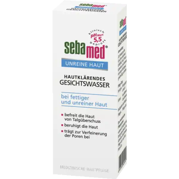 sebamed Hautklrendes Gesichtswasser: Цвет: Produktbeschreibung und details Unsere Talgdrsen erzeugen spezielle Fette die auf der Haut eine glttende Schutzschicht bilden Wird jedoch die ffnung einer dieser Talgdrsen durch zu viel Talg verklebte Hautzellen o  verstopft staut sich ein Mitesser In diesem Mitesser knnen sich Hautbakterien festsetzen die zu einer Entzndung der Talgdrse fhren Es kommt zur Bildung von Pickeln sebamed UNREINE HAUT Hautklrendes Gesichtswasser vervollstndigt die Reinigung es entfernt grndlich und schonend Reste von Talg Hautschppchen und Schmutz Panthenol untersttzt die Regeneration der Haut die milde Formel mit Hamamelis beruhigt die Haut und trgt zur Verfeinerung der Poren bei der Aktivkomplex mit Seidenproteinen und Allantoin fhren der Haut Feuchtigkeit zu Die sehr gute Hautvertrglichkeit ist dermatologischklinisch besttigt UrsprungslandHerkunftsort Deutschland Anwendung und Gebrauch Zur Reinigung des Gesichtes sebamed UNREINE HAUT Hautklrendes Gesichtswasser mit einem Wattepad gleichmig auftragen Mund und Augenpartie aussparen Inhaltsstoffe Aqua Alcohol Panthenol Polyglyceryl LaurateSuccinate Glycerin Propylene Glycol Allantoin Hamamelis virginiana barkleaf extract Hydrolyzed Silk Cucumis sativus fruit extract Hydroxypropyl Oxidized Starch PGTrimonium Chloride Caramel Parfum Lactic Acid Sodium Hydroxide Sodium Benzoate Potassium Sorbate CI  Warnhinweise und wichtige Hinweise Warnhinweise ACHTUNG
https://www.rossmann.de/de/pflege-und-duft-sebamed-hautklaerendes-gesichtswasser/p/4103040920997