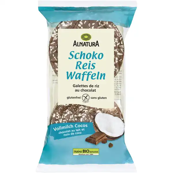 Alnatura Bio Schoko Reiswaffeln Vollmilch Cocos: Цвет: Produktbeschreibung und details Glutenfrei naschen und genieen Gepuffter Vollkornreis wird mit viel Vollmilchschokolade berzogen und mit Kokosraspeln bestreut Alnatura SchokoReiswaffeln VollmilchCocos sind ein knuspriger Leckerbissen mit exotischer Kokosnote  ob als Nachtisch oder fr zwischendurch In BioQualitt Lebensmittelunternehmer Name Alnatura GmbH Adresse MahatmaGandhiStrae   Darmstadt wwwalnaturade Bio Zertifikat ITBIO UrsprungslandHerkunftsort EUNichtEULandwirtschaft Testurteile Qualittssiegel ampamp Verbandszeichen Rechtlich vorgeschriebene Produktbezeichnung Bio Reiswaffeln mit Vollmilchschokolade und Kokosraspeln Zutaten Vollmilchschokolade  Rohrohrzucker Kakaobutter VOLLMILCHPULVER   Kakaomasse Vanilleextrakt Reiswaffeln  Vollkornreis  Meersalz Kokosraspeln  aus biologischer LandwirtschaftKann Spuren von SOJA  NSSEN und SESAM enthalten Nhrwerte Durchschnittliche Nhrwertangaben pro  g Energie  kj   kcal Fett  g davon  gesttigte Fettsuren  g Kohlenhydrate  g davon  Zucker  g Ballaststoffe  g Eiwei  g Salz  g Gebrauch Aufbewahrung und Verwendung Aufbewahrungs und Verwendungsbedingungen Bitte trocken lagern und vor Wrme schtzen
https://www.rossmann.de/de/lebensmittel-alnatura-bio-schoko-reiswaffeln-vollmilch-cocos/p/4104420054363