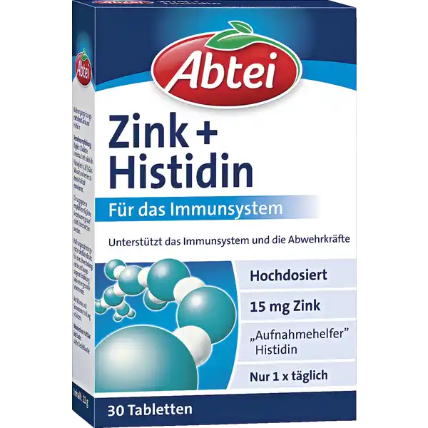 Abtei Zink + Histidin Tabletten: Цвет: Produktbeschreibung und details Abtei Zink  Histidin Tabletten Abtei Zink  Histidin kombiniert hochdosiertes Zink das der Krper nicht selbst herstellen kann mit Histidin Zink trgt dazu bei die Zellen vor oxidativem Stress zu schtzen Abtei Zink  Histidin  Fr Stoffwechsel und Immunsystem Zink untersttzt das Immunsystem Zink spielt eine Rolle fr den Erhalt gesunder Haut Haare und Ngel Zink untersttzt den Erhalt der Sehkraft nur x tglich gluten gelantine und laktosefrei fr Vegetarier geeignet Lebensmittelunternehmer Name ABTEI OP Pharma GmbH Adresse Abtei  D   Marienmnster UrsprungslandHerkunftsort Deutschland Rechtlich vorgeschriebene Produktbezeichnung Nahrungsergnzungsmittel mit Zink und Histidin Zutaten Fllstoff Cellulose Zinkgluconat Histidin  Stabilisator Sorbit Maisstrke Trennmittel Magnesiumsalze der Speisefettsuren Siliciumdioxid Fllstoffe Hydroxypropylmethylcellulose Hydroxypropylcellulose berzugsmittel Talkum pflanzliche le aus Kokos und Palmkern Stabilisator Lactit Farbstoff TitandioxidGluten undgelantinefrei ohne Milchzucker Nhrwerte Durchschnittliche Nhrwertangaben pro  Portion NRV Zink  mg   Anwendung und Gebrauch Verzehrsempfehlung Tglich  Tablette unzerkaut mit reichlich Flssigkeit zB  Glas Wasser am besten zu einer Mahlzeit einnehmen Gebrauch Aufbewahrung und Verwendung Aufbewahrungs und Verwendungsbedingungen Vor Wrme und Sonneneinstrahlung schtzen Warnhinweise und wichtige Hinweise Warnhinweise Die angegebene empfohlene tgliche Verzehrmenge darf nicht berschritten werden Nahrungsergnzungsmittel sind kein Ersatz fr eine abwechslungsreiche und ausgewogene Ernhrung sowie eine gesunde Lebensweise Auerhalb der Reichweite von kleinen Kindern aufbewahren Kann bei bermigem Verzehr abfhrend wirken Gluten und gelantinefrei ohne Milchzucker
https://www.rossmann.de/de/gesundheit-abtei-zink--histidin-tabletten/p/4026600376006