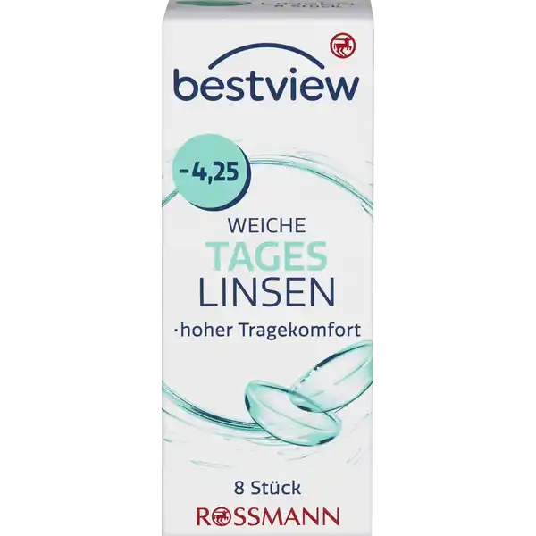 BestView weiche Tageslinsen -4,25: Цвет: https://www.rossmann.de/de/gesundheit-bestview-weiche-tageslinsen--425/p/4719879669640
Produktbeschreibung und details Durch das besonders weiche sauerstoffdurchlssige Material der Tageslinsen wird kaum Eingewhnungszeit bentigt Die Kanten wurden speziell fr hohen Tragekomfort entwickelt Dadurch bleibt die Sehschrfe auch an den Rndern der Linse optimal Tageslinsen sind die gesndeste KontaktlinsenVariante fr die Augen Die Linsen werden tglich ausgetauscht und mssen nicht gereinigt werden Tageslinsen sind ebenfalls ideal wenn man nur ab und zu Kontaktlinsen trgt etwas beim Sport im Urlaub oder am Wochenende hoher Tragekomfort  Stck Kontaktdaten Dirk Rossmann GmbH Isernhgener Strae   Burgwedel wwwrossmannde Gebrauch Aufbewahrung und Verwendung Aufbewahrungs und Verwendungsbedingungen Empfohlen wird die Lagerung bei Raumtemperatur Inhaltsstoffe  sterile weiche getnte Kontaktlinsen  Methafilcon  HO in gepufferter Kochsalzlsung Warnhinweise und wichtige Hinweise Warnhinweise Nicht verwenden bei beschdigter Linsenverpackung Gehen Sie mit Ihren Linsen bitte regelmig zu einer augenrztlichen Kontrolle Folgen Sie den Anweisungen Ihres Kontaktlinsenanpassers Schlafen Sie nicht mit eingesetzter Linse Das Tragen von Kontaktlinsen kann eine Sonnenbrille nicht ersetzen Ihre Augen sind kostbar Bitte beachten Sie die beiligenden Gebrauchsinformationen