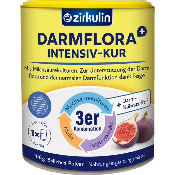 Zirkulin Darmflora Plus: Цвет: https://www.rossmann.de/de/gesundheit-zirkulin-darmflora-plus/p/4036581252541
Produktbeschreibung und details Zirkulin Darmflora plus ist ein natrliches Synbiotikum mit einer einzigartigen Kombination aus Milchsurebakterien Feigenextrakt und Inulin plus untersttzenden Darm Nhrstoffen Sowohl als  Tage Intensiv Kur als auch zur langfristigen Einnahme geeignet Mit mindestens  Mrd lebenden Milchsurekulturen die sich im Darm vermehren und zu einer gesunden Darmflora beitragen Feige untersttzt die normale Darmflora und die Darmfunktion die Vitamine B Niacin und B Biotin tragen zur Erhaltung normaler Schleimhute bei auch im Darm Calcium trgt zur normalen Funktion von Verdauungsenzymen bei Biotin und Niacin tragen zum Erhalt normaler Schleimhute z B der Darmschleimhaut bei Biotin trgt zu einem normalen Energiestoffwechsel bei Vitamin B trgt zur normalen Funktion des Immunsystems bei Lebensmittelunternehmer Name Districon GmbH Adresse Standort Bielefeld Heidsieker Heide   Bielefeld wwwzirkulinde UrsprungslandHerkunftsort Deutschland Maltodextrin aus EU Rechtlich vorgeschriebene Produktbezeichnung Nahrungsergnzungsmittel Zutaten Maltodextrin Inulin Feigenextrakt Calciumcitrat Aroma Lactobacillus casei D Biotin Nicotinamid Niacin CalciumDPantothenat Pantothensure Pyridoxinhydrochlorid Vitamin B Pteroylmonoglutaminsure Folsure Nhrwerte Durchschnittliche Nhrwertangaben pro  Portion Tagesdosis g Tagesdosis Referenzwert Nhrstoffbezugswerte Referenzmenge fr die tgliche Zufuhr gem Lebensmittelinformationsverordnung NRV Calcium  mg   Niacin  mg   Vitamin B  mg   Folsure  g   Biotin  g   Pantothensure  mg   Anwendung und Gebrauch  mal tglich  Messlffel  g Pulver in  Glas Wasser ca  ml einrhren und trinken Auch zur langfristigen Einnahme geeignet Nach ffnen der Dose innerhalb von  Wochen aufbrauchen Gebrauch Aufbewahrung und Verwendung Aufbewahrungs und Verwendungsbedingungen Unter  C trocken und vor Licht geschtzt aufbewahren Auerhalb der Reichweite kleiner Kinder lagern Warnhinweise und wichtige Hinweise Warnhinweise Die empfohlene tgliche Verzehrmenge darf nicht berschritten werden Nahrungsergnzungsmittel sollten nicht als Ersatz fr eine ausgewogene und abwechslungsreiche Ernhrung und eine gesunde Lebensweise verwendet werden