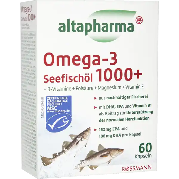 altapharma Omega Seefischl  BVitamine  Folsure  Magnesium  Vitamin E: Цвет: https://www.rossmann.de/de/gesundheit-altapharma-omega-3-seefischoel-1000-b-vitamine--folsaeure--magnesium--vitamin-e/p/4305615946771
Produktbeschreibung und details Das in altapharma Omega Seeschl  mg enthaltene Fischl stammt aus nachhaltiger MSCzertizierter Fischerei MSCMarine Stewardship Council Das MSCSiegel ist die weltweit anerkannteste Kennzeichnung fr nachhaltig gefang enen Fisch Dieser Fisch hat den globalen Nachhaltigkeits Standard des MSC erfllt wwwmscorgde Eine Kapsel enthlt  mg des Fischls mit mehr als  mg wertvollen OmegaFettsuren Omega Fettsuren bentigt der menschliche Krper fr zahlreiche Stoffwechselvorgnge und Gewebefunktionen z B im Rahmen der Herzgesundheit Die zwei wichtigsten OmegaFettsuren Eicosapentaen sure EPA und Docosahexaensure DHA tragen bei einer tglichen Einnahme von  mg zu einer normalen Herzfunk tion bei Untersttzt wird diese ebenfalls durch Vitamin B Abgerundet wird der ausgesuchte Nhrstoffkomplex durch Vitamin B und Folsure Beide leisten einen Beitrag zum normalen HomocysteinStoffwechsel Homocystein entsteht als Stoffwechselzwischenprodukt und wird unter anderem mit Hilfe der Vitamine B und Folsure umgewandelt bzw abgebaut Beide Vitamine untersttzen auerdem das nor male Immunsystem Zustzlich tragen Vitamin B und Mag nesium zu einem normalen Energiestoffwechsel bei Mag nesium untersttzt auerdem die normale Muskelfunktion Auch unser Herz besteht unter anderem aus Muskeln Das enthaltene Vitamin E trgt dazu bei die Zellen vor oxidativem Stress zu schtzen aus nachhaltiger Fischerei mit DHA EPA und Vitamin B als Beitrag zur Untersttzung der normalen Herzfunktion  mg EPA und  mg DHA pro Kapsel Lebensmittelunternehmer Name Dirk Rossmann GmbH Adresse Isernhgener Strae   Burgwedel wwwrossmannde      Testurteile Qualittssiegel ampamp Verbandszeichen Rechtlich vorgeschriebene Produktbezeichnung Nahrungsergnzungsmittel mit Vitaminen Folsure Magnesium und mehrfach ungesttigten Omega Fettsuren Zutaten   FISCH lkonzentrat Gelatine Rind Magnesiumoxid Feuchthaltemittel Glycerin Bienenwachs gelb Feuchthalte mittel Sorbit Emulgator SOJA Lecithine Dalpha Tocopherol Cyanocobalamin Thiaminmononitrat Folsure Farbstoff Eisenoxide und Eisenhydroxide Nhrwerte Durchschnittliche Nhrwertangaben pro  Portion pro  g pro  Kapseln Energie  kj   kcal  kj   kcal Fett  g  g davon  gesttigte Fettsuren amplt  g  g Kohlenhydrate amplt  g  g davon  Zucker amplt  g amplt  g Eiwei amplt  g  g Salz amplt  g  g Magnesium  mg Vitamin E  mg Vitamin B Thiamin  mg Folsure  g Vitamin B  mg Nhrwertbeschreibung  Packung enthlt  Portionen   Kapseln Anwendung und Gebrauch  Kapseln tglich unzerkaut mit ausreichend Flssigkeit zu einer Mahlzeit verzehren Gebrauch Aufbewahrung und Verwendung Aufbewahrungs und Verwendungsbedingungen Khl trocken und vor Licht geschtzt lagern Warnhinweise und wichtige Hinweise Warnhinweise Die angegebene tgliche Verzehrmenge darf nicht berschritten werden Nahrungsergnzungsmittel sind kein Ersatz fr eine ausgewogene und abwechslungsreiche Ernhrung und eine gesunde Lebensweise Bitte auerhalb der Reichweite von kleinen Kindern aufbewahren