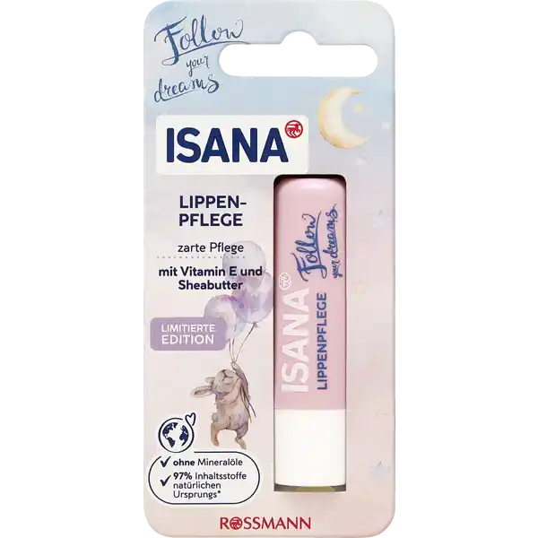 ISANA Lippenpflege Follow Your Dreams: Цвет: https://www.rossmann.de/de/pflege-und-duft-isana-lippenpflege-follow-your-dreams/p/0000042450504
Produktbeschreibung und details Folge deinen Trumen und hre nicht auf bis du sie erreicht hast Die cremigzarte Lippenpflege Follow your dreams ldt zum Trumen ein und pflegt die Lippen geschmeidig zart mit Vitamin E und Sheabutter mit einem Hauch Farbe Hautvertrglichkeit dermatologisch besttigt Rezeptur ohne Mikroplastik ohne Mineralle und Silikone Kontaktdaten Dirk Rossmann GmbH Isernhgener Strae  DE Burgwedel wwwrossmannde Testurteile Qualittssiegel ampamp Verbandszeichen Inhaltsstoffe Ricinus Communis Seed Oil Octyldodecanol Cera Alba Stearyl Beeswax Behenyl Beeswax Hydrogenated Palm Oil Candelilla Cera Butyrospermum Parkii Butter Hydrogenated Castor Oil Polyglyceryl Diisostearate Boron Nitride Vitis Vinifera Seed Oil Tocopheryl Acetate Aroma Linalool Tocopherol Helianthus Annuus Seed Oil CI  CI