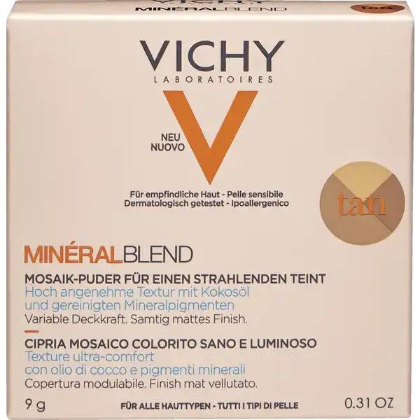 VICHY MINRALBLEND MosaikPuder tan: Цвет: Produktbeschreibung und details Das Minralblend Mosaik Puder mit drei separaten Farben basiert auf ausgewhlten natrlichen Inhaltsstoffen Die Textur ist mit gereinigten Mineralpigmenten und Kokosl angereichert Minralblend Mosaik Puder gleicht den Teint aus und garantiert ein angenehmes Tragegefhl fr alle Hauttypen Der Mosaik Puder kann allein oder nach dem FlssigMakeup Minralblend Fluid aufgetragen werden und sorgt fr einen frischen mattierten Teint Der erste MosaikPuder der die Haut ausgleicht und einen strahlenden Teint hinterlsst Die atmungsaktive Formel sorgt fr eine gesundes verbessertes Hautbild und garantiert einen angenehmes Tragegefhl  den ganzen Tag fr alle Hauttypen fr einen strahlenden Teint variable Deckkraft samtig mattes Finish hypoallergen nichtkomedogen dermatologisch getestet fr empfindliche Haut geeignet Kontaktdaten VICHY CAICAF  Vichy France TSA   ST OUEN CEDEX FR wwwvichycom UrsprungslandHerkunftsort Italien Anwendung und Gebrauch EIN PUDER ZWEI MAKEUPERGEBNISSE Der Minralblend MosaikPuder kann allein oder nach dem Makeup aufgetragen werden Eine ideale Ergnzung zum Minralblend MakeupFluid fr einen ebenmigen und frischen Teint Inhaltsstoffe TALC  SYNTHETIC FLUORPHLOGOPITE  ZEA MAYS STARCH  CORN STARCH  COCOS NUCIFERA OIL  COCONUT  OIL  MAGNESIUM STEARATE  CAPRYLICCAPRIC TRIGLYCERIDE  TIN OXIDE  PARFUM  FRAGRANCE  SILICA  CAPRYLYL GLYCOL MAY CONTAIN CI   RED   CI   TITANIUM DIOXIDE  CI  CI  CI   IRON OXIDES  CI   ULTRAMARINES  MICA
https://www.rossmann.de/de/make-up-vichy-mineralblend-mosaik-puder-tan/p/3337875641524