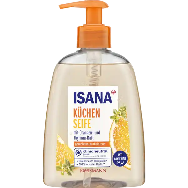 ISANA Kchenseife mit Orangenl: Цвет: Produktbeschreibung und details Die ISANA Kchenseife mit Orangenl reinigt und pflegt Ihre Hnde vor und nach dem Kochen sanft und zuverlssig Der zitrische Duft mit ThymianNote umhllt Ihre Hnde und neutralisiert unangenehme Kchengerche an den Hnden Die Formulierung mit antibakteriellem WirkstoffKomplex schtzt vor Bakterien mit Orangen und ThymianDuft geruchsneutralisierend antibakteriell Hautvertrglichkeit dermatologisch besttigt pHhautneutral vegan Rezeptur ohne Mikroplastik   recyceltes Plastik siehe wwwrossmanndemikroplastikfrei Flasche ohne Spenderkopf Weiterfhrende Informationen zum Thema Klimaneutralitt finden Sie unter rossmanndeklimaneutral und unter climatepartnercom Kontaktdaten Dirk Rossmann GmbH Isernhgener Strae   Burgwedel wwwrossmannde UrsprungslandHerkunftsort Deutschland Testurteile Qualittssiegel ampamp Verbandszeichen Anwendung und Gebrauch Die Kchenseife gleichmig auf den Hnden inkl Finger und Fingerngel verteilen  Sekunden einwirken lassen und grndlich unter flieendem Wasser absplen Inhaltsstoffe Aqua Sodium Laureth Sulfate Glycerin Cocoamidopropyl Betaine Sodium Chloride Lactic Acid Sodium Benzoate Citrus Aurantium Dulcis Oil PEG Hydrogenated Castor Oil CocoGlucoside Glyceryl Oleate Sodium Lactate Parfum Benzophenone Linalool Hexyl Cinnamal Limonene CI
https://www.rossmann.de/de/pflege-und-duft-isana-kuechenseife-mit-orangenoel/p/4305615610344