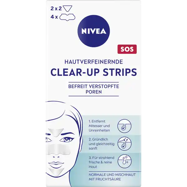 NIVEA Hautverfeinernde Clear-Up Strips Gesichtsreinigung: Цвет: Produktbeschreibung und details Die Hautverfeinernden ClearUp Strips entfernen Mitesser und Unreinheiten grndlich und verfeinern das Hautbild Die Haut fhlt sich frisch und rein an Hautverfeinernde ClearUp Strips Entfernen Unreinheiten und Mitesser in der TZone Verfeinern das Hautbild Passen sich mit ihrem Soft Touch Vlies auch unebenen Bereichen wie Nasen und Kinnpartie besonders gut an Inhalt  Sachets  x Nase x Stirn ampamp Kinn Kontaktdaten Beiersdorf AG Unnastrasse   Hamburg wwwniveade UrsprungslandHerkunftsort Japan Anwendung und Gebrauch Verwenden Sie Clearup Strips einmal wchentlich nach der Hautreinigung Feuchten Sie dazu die Hautpartien an die Sie reinigen mchten Platzieren Sie die Strips auf der feuchten Haut Durch das Wasser haften sie und beginnen zu wirken Entfernen Sie sie nach  bis maximal  Minuten vorsichtig Verwenden Sie jeden Strip nur einmal Inhaltsstoffe Polyquaternium Silica Aqua Glycerin Polysilicone PEG Dimethicone Titanium Dioxide Sodium Citrate Methylparaben Citral Limonene Geraniol Linalool Parfum
https://www.rossmann.de/de/pflege-und-duft-nivea-hautverfeinernde-clear-up-strips-gesichtsreinigung/p/4005808195862