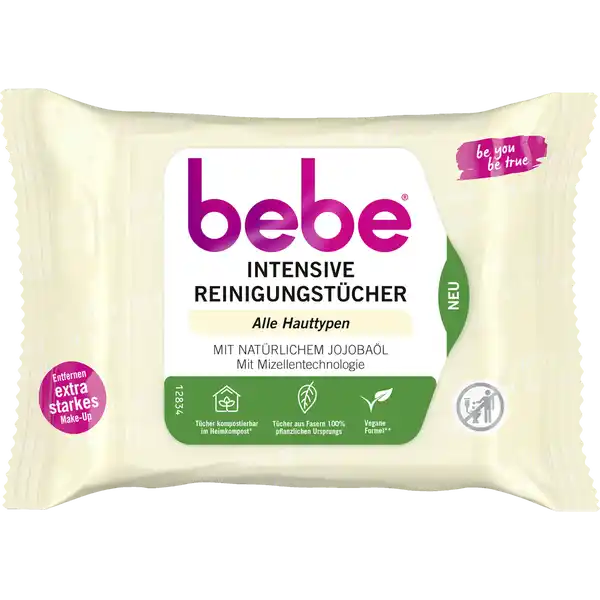 bebe Intensive Reinigungstcher mit natrlichem Jojobal: Цвет: Produktbeschreibung und details Manchmal bist du super taff manchmal die Nettigkeit in Person Es muss nicht immer entweder oder sein Dank der Mizellentechnologie entfernen die Intensiven Reinigungstcher von bebe mit natrlichem Jojobal mhelos selbst hartnckiges und wasserfestes MakeUp so grndlich wie ein Magnet  ganz ohne Reiben fr alle Hauttypen entfernen extra starkes Makeup aus Fasern  pflanzlichen Ursprungs Tcher kompostierbar im Heimkompost vegane Formel mit Inhaltsstoffen zu  natrlichen Ursprungs inkl Wasser entfernt extrastarkes MakeUp wie ein Magnet feuchtigkeitsspendend mit Jojoball Vertrglichkeit dermatologisch und augenrztlich besttigt ohne Duftstoffe augenmild Unsere Tcher sind nur im Heimkompost kompostierbar Wenn du keinen Heimkompost besitzt entsorge sie bitte im Restmll Nicht in der BioTonne oder in der Natur entsorgen Nicht in die Toilette werfen Die Verpackung ist nicht kompostierbar  Ohne Inhaltsstoffe tierischen Ursprungs  Die Formel enthlt eine Mischung aus Inhaltsstoffen natrlichen Ursprungs und Wasser  Wasser und  andere Inhaltsstoffe natrlichen Ursprungs Die verbleibenden  der Inhaltsstoffe dienen einer guten Haltbarkeit Wirksamkeit und einer angenehmen Anwendung Kontaktdaten Johnson ampamp Johnson GmbH D Neuss DE wwwbebede UrsprungslandHerkunftsort UK Testurteile Qualittssiegel ampamp Verbandszeichen Anwendung und Gebrauch Ein Reinigungstuch aus der Packung nehmen vollstndig auseinanderfalten und damit sanft ber Gesicht Lippen Augen und Hals streichen bis alle MakeUp Rckstnde entfernt sind Fertig ohne mit Wasser nachzusplen Nach der Entnahme das Klebeetikett wieder gut verschlieen Inhaltsstoffe Aqua Decyl Isostearate Isopropyl Isostearate Glycerin Dimethicone Isohexadecane Hexylene Glycol Hydrogenated Jojoba Oil Trisiloxane PEG CaprylicCapric Glycerides Sucrose Cocoate Polysorbate  AcrylatesC Alkyl Acrylate Crosspolymer Sodium Hydroxide Phenoxyethanol Chlorphenesin Parfum
https://www.rossmann.de/de/pflege-und-duft-bebe-intensive-reinigungstuecher-mit-natuerlichem-jojobaoel/p/3574661671796