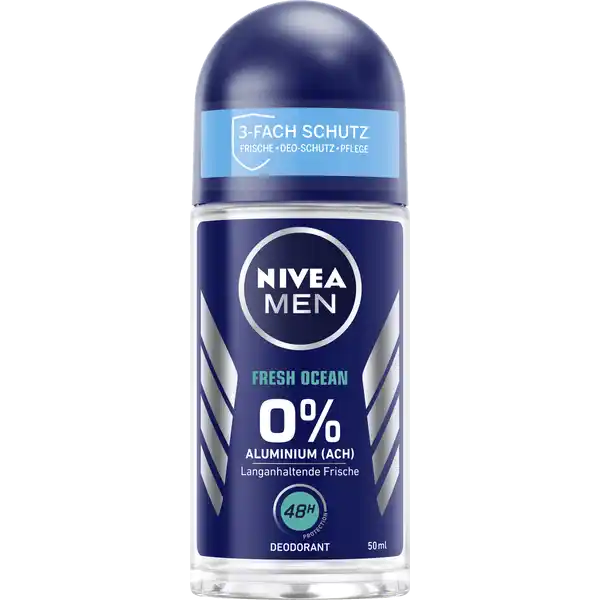 NIVEA MEN Deodorant Roll-on Fresh Ocean: Цвет: Produktbeschreibung und details NIVEA MEN Fresh Ocean Roller bietet  Stunden lang zuverlssigen DeoSchutz ohne Aluminium ACH Die erfrischende Deodorant Formel mit frischem Meeresduft enthlt den bewhrten NIVEA MEN PflegeKomplex mit hocheffektiven antibakteriellen Wirkstoffen und verspricht damit die optimale Kombination aus NIVEAPflege und wirksamem Schutz vor Krpergeruch Fr Mnner die langanhaltende Frische erwarten  Stunden sicherer DeoSchutz fr eine langanhaltende Frische  Aluminium ACH Hautvertrglichkeit dermatologisch besttigt Kontaktdaten Beiersdorf AG D Hamburg wwwniveade  Anwendung und Gebrauch Das Deodorant am besten nach dem Duschen verwenden Das Produkt direkt an den Achseln anwenden Lassen Sie das Produkt vollstndig trocknen bevor Sie sich anziehen Nicht auf gereizter oder geschdigter Haut anwenden Inhaltsstoffe Aqua Alcohol Denat PEG PEG Hydrogenated Castor Oil Parfum Polyquaternium Maris Limus Extract Ostrea Shell Extract Persea Gratissima Oil Hydroxyethylcellulose Citric Acid Propylene Glycol Geraniol Warnhinweise und wichtige Hinweise Warnhinweise ACHTUNG
https://www.rossmann.de/de/pflege-und-duft-nivea-men-deodorant-roll-on-fresh-ocean/p/0000042419334