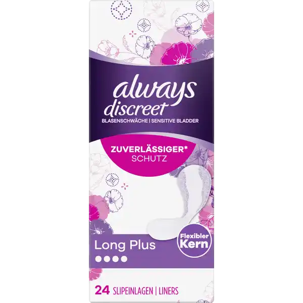 Always Discreet Inkontinenz Long Plus: Цвет: Produktbeschreibung und details Fr Momente in denen Sie etwas mehr Schutz bentigen gibt es Always Discreet InkontinenzSlipeinlagen Long Plus bei Blasenschwche Diese Slipeinlagen sind ultra dnn und haben einen flexiblen Kern fr groen Komfort Sie schlieen Flssigkeit ein und neutralisieren Gerche um Ihnen ein frisches Gefhl zugeben Always Discreet Slipeinlagen Long Plus sind lnger als herkmmliche Slipeinlagen und bieten Ihnen den erstklassigen Schutz von Always Discreet wenn Sie an einer schwachen Blase oder ungewolltem Harnverlust leiden lnger als herkmmliche Slipeinlagen sofortiger Schutz dnn und flexibel diskrete Passform leicht parfmiert und mit exklusiver OdourLockTechnologie die Gerche sofort und langanhaltend neutralisiert dermatologisch getestet Kontaktdaten Procter ampamp Gamble Sulzbacher Str   Schwalbach am Taunus Germany wwwpgcom    Testurteile Qualittssiegel ampamp Verbandszeichen Warnhinweise und wichtige Hinweise Warnhinweise Produkt zur Einmalnutzung Nicht wiederverwendbar
https://www.rossmann.de/de/pflege-und-duft-always-discreet-inkontinenz-long-plus/p/8006540738900