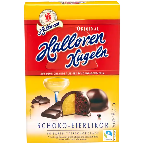 Halloren Original Halloren Kugeln SchokoEierlikr: Цвет: Produktbeschreibung und details Die Halloren Kugeln SchokoEierlikr vereinen den scremigen Geschmack von Eierlikr mit feinster Schokocreme Abgerundet wird dieser durch eine Hlle aus knackiger Zartbitterschokolade mit Zartbitterschokolade enthlt Alkohol Lebensmittelunternehmer Name Halloren Schokoladenfabrik AG Adresse  Halle wwwhallorende UrsprungslandHerkunftsort Hergestellt in Deutschland mit Rohstoffen aus EU und NichtEU Testurteile Qualittssiegel ampamp Verbandszeichen Rechtlich vorgeschriebene Produktbezeichnung Original Halloren Kugeln mit  KakapEierlikrCreme in  Zartbitterschokolade Zutaten Zucker VOLLMILCHPULVER  Kakaomasse Glukosesirup EIERLIKR  Wasser Kakaobutter fettarmes Kakaopulver  Ethylalkohol Emulgator Sonnenblumenlecithine Surungsmittel Citronensure natrliches Aroma Feuchthaltemittel Invertase frbendes LebensmittelKonzentrat aus Karotte und Krbis Kann Spuren von SCHALENFRCHTEN ERDNSSEN SOJA und GLUTENHALTIGEN GETREIDEPRODUKTEN enthalten Das Produkt enthlt Alkohol Nhrwerte Durchschnittliche Nhrwertangaben pro  g Energie  kj   kcal Fett  g davon  gesttigte Fettsuren  g Kohlenhydrate  g davon  Zucker  g Eiwei  g Salz  g Gebrauch Aufbewahrung und Verwendung Aufbewahrungs und Verwendungsbedingungen Khl und trocken lagern Warnhinweise und wichtige Hinweise Warnhinweise Enthlt Alkohol
https://www.rossmann.de/de/lebensmittel-halloren-original-halloren-kugeln-schoko-eierlikoer/p/4014303111222