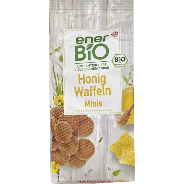 enerBiO Honig Waffeln Minis: Цвет: Produktbeschreibung und details enerBiO Honig Waffeln Minis Knusprig und rund ab in den Mund Der kleine Bruder der Stroopwafel Mit unseren enerBiO Honig Waffeln Minis legen Sie sich die Miniversion des legendren hollndischen KeksKlassikers in Ihren Einkaufskorb Seit  Jahren bei unseren Nachbarn allseits beliebt begeistern die mit Sirup und Honig gefllten BioWaffeln auch hierzulande mit ihrem einzigartigen Geschmack Vielseitige Verzehrvorschlge Die Honig Waffeln Minis schmecken am Besten zu einer Tasse Kaffee oder einer Tasse Tee zu Eiscreme oder im Pudding aber eigentlich zu jeder Gelegenheit Alle Produkte unserer ROSSMANNMarke enerBiO stammen aus kontrolliert biologischem Anbau Durch eine schonende sorgfltige Verarbeitung erhalten wir hierbei sowohl die Hochwertigkeit als auch den natrlichen Geschmack Zudem lassen wir unsere Produkte regelmig durch unabhngige Institute berprfen  so gewhrleisten wir eine gleichbleibende Qualitt Lebensmittelunternehmer Name Dirk Rossmann GmbH Adresse Isernhgener Strae   Burgwedel wwwrossmannde Bio Zertifikat NLBIO Testurteile Qualittssiegel ampamp Verbandszeichen Rechtlich vorgeschriebene Produktbezeichnung Bio Waffeln mit Honigfllung Zutaten  WEIZENMEHL  WEIZENSIRUP   Honig pflanzliche le Palml Sonnenblumenl Rohrzucker  WEIZENVOLLKORNMEHL  VOLLEIPULVER  Meersalz Wasser Backtriebmittel Natriumcarbonat Emulgator Sonnenblumenlecithin Zimt aus kontrolliert biologischen Anbau Kann Spuren von MILCH  SOJA  SCHALENFRCHTEN und SESAM enthalten Nhrwerte Durchschnittliche Nhrwertangaben pro  g Energie  kj   kcal Fett  g davon  gesttigte Fettsuren  g Kohlenhydrate  g davon  Zucker  g Ballaststoffe  g Eiwei  g Salz  g Gebrauch Aufbewahrung und Verwendung Aufbewahrungs und Verwendungsbedingungen Trocken lagern und vor Wrme schtzen
https://www.rossmann.de/de/lebensmittel-enerbio-honig-waffeln-minis/p/4305615677293