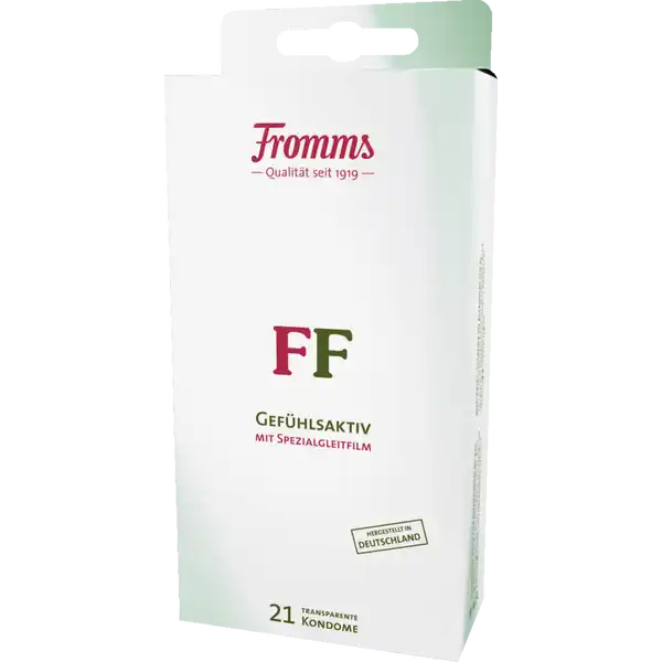 Fromms FF Kondome quotGefhlsaktivquot: Цвет: Produktbeschreibung und details Fromms FF Kondome aus Naturkautschuklatex Glatte zylindrische Form mit Reservoir transparent besonders gefhlsaktiv mit Spezialgleitfilm natrlicher Schutz hergestellt in Deutschland jedes Kondom einzeln elektronisch geprft praktische wiederverschliebare Packung Breite des flachliegenden Kondoms ca  mm UrsprungslandHerkunftsort Deutschland Warnhinweise und wichtige Hinweise Warnhinweise FrommsKondome sind aussschlielich fr den vaginalen Geschlechtsverkehr bestimmt Kondome nie zusammen mit l oder fetthaltigen Gleitmitteln verwenden Konformittserklrung Konformittserklrung Laden Sie das Dokument zum Produkt als PDF herunter
https://www.rossmann.de/de/gesundheit-fromms-ff-kondome-gefuehlsaktiv/p/4008600165675