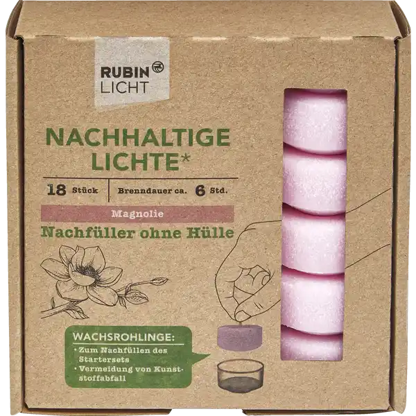 RUBIN LICHT Nachhaltige Lichte Nachfller ohne Hlle Magnolie: Цвет: Produktbeschreibung und details Nachfller ohne Hlle Brenndauer ca  Std Duft Magnolie zum Nachfllen des Startersets Vermeidung von Kunststoffabfall  Die Nachhaltigkeit der Lichte bezieht sich auf die Wiederverwendbarkeit der Hllen welche durch den einmaligen Kauf des Startersets erworben werden Die Nachfller sind ressourcenschonend und reduzieren den Kunststoffabfall Kontaktdaten Dirk Rossmann GmbH Isernhgener Strae   Burgwedel wwwrossmannde     UrsprungslandHerkunftsort EU Warnhinweise und wichtige Hinweise Warnhinweise Bitte lassen Sie die Kerze nie unbeaufsichtigt brennenund beachten Sie die aufgefhrten Sicherheitssymbole Den Artikel nichtauf empfindliche Oberflchen stellen Den Metalldochthalter des ausgebrannten Lichtes entfernen bevor ein neuer Rohling eingesetzt wird
https://www.rossmann.de/de/haushalt-rubin-licht-nachhaltige-lichte-nachfueller-ohne-huelle-magnolie/p/4305615892665