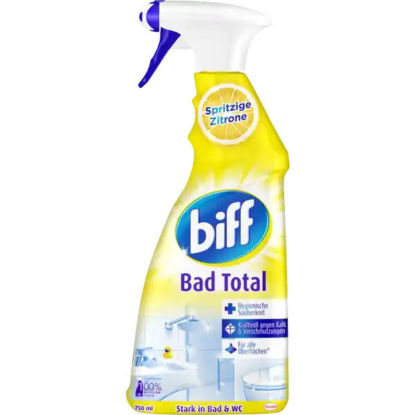 Biff Bad Total Reiniger Spritzige Zitrone: Цвет: https://www.rossmann.de/de/haushalt-biff-bad-total-reiniger-spritzige-zitrone/p/4015000314886
Produktbeschreibung und details Biff Bad Total Spritzige Zitrone ist extra kraftvoll gegen Kalk und Schmutz und verbreitet einen angenehmen Zitrus Duft der fr eine langanhaltende Frische sorgt Die kraftvolle Formel sorgt fr hygienische Sauberkeit im ganzen Bad und beseitigt alle Arten von Kalk und Verschmutzungen Durch die praktische Schaum und Sprhfunktion lsst sich das Hygiene Spray ganz einfach anwenden Ihr Bad duftet nach der Anwendung angenehm frisch Biff Bad Total Zitrus ist ein Produkt fr Ihr gesamtes Bad und kann auf Aramturen Waschbecken Fliesen dem gesamten WC und empfindlichen Oberflchen angewendet werden Mit dem praktischen Nachfllbeutel knnen Sie den Kalkreiniger wieder ganz einfach auffllen Schonen Sie die Umwelt und Ihren Geldbeutel extra kraftvoll gegen Kalk und Verschmutzungen verbreitet einen angenehmen ZitrusDuft der fr eine langanhaltende Frische sorgt kraftvolle Formel sorgt fr hygienische Sauberkeit im ganzen Bad und beseitigt alle Arten von Kalk und Verschmutzungen Kontaktdaten Henkel Wasch und Reinigungsmittel GmbH  Dsseldorf wwwhenkelde NotrufNr  Verbrauchertelefon   Gratisnummer inkl Datenblatt UrsprungslandHerkunftsort Deutschland Anwendung und Gebrauch  Sie knnen Biff Bad Total sowohl groflchig Sieb geffnet als auch gezielt Sieb geschlossen anwenden  Einfach aufsprhen und einwirken lassen  Anschlieend mit einem feuchten Tuch verreiben und absplen Gebrauch Aufbewahrung und Verwendung Aufbewahrungs und Verwendungsbedingungen Auer Reichweite von Kindern aufbewahren Inhaltsstoffe amplt nichtionische Tenside Weitere Inhaltsstoffe Duftstoffe Limonene Warnhinweise und wichtige Hinweise Warnhinweise ACHTUNG Verursacht schwere Augenreizung Ist rztlicher Rat erforderlich Verpackung oder Kennzeichnungsetikett bereithalten Darf nicht in die Hnde von Kindern gelangen Einatmen von StaubRauchGasNebelDampfAerosol vermeiden Nur im Freien oder in gut belfteten Rumen verwenden SchutzhandschuheSchutzkleidungAugenschutzGesichtsschutz tragen BEI KONTAKT MIT DEN AUGEN Einige Minuten lang behutsam mit Wasser splen Eventuell vorhandene Kontaktlinsen nach Mglichkeit entfernen Weiter splen Bei anhaltender Augenreizung rztlichen Rat einholenrztliche Hilfe hinzuziehen