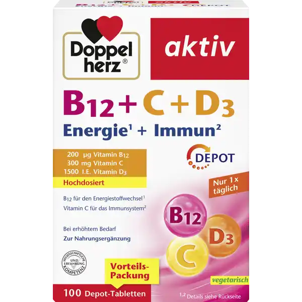 Doppelherz aktiv Vitamin B12 + C + D3 Depot Tabletten: Цвет: https://www.rossmann.de/de/gesundheit-doppelherz-aktiv-vitamin-b12--c--d3-depot-tabletten/p/4009932134681
Produktbeschreibung und details Fr die Gesundheit spielt eine ausreichende Versorgung mit Nhrstoffen eine wichtige Rolle Der Krper kann Vitamin B nicht selbst bilden weshalb es ber die Nahrung aufgenommen werden muss Bestimmte Vitamine kann der Krper nicht lange speichern Werden z B groe Mengen an Vitamin C mit einem Mal aufgenommen scheidet der Krper einen Teil ungenutzt wieder aus Vitamin D kann unser Krper durch die regelmige Einwirkung von Sonnenlicht auf die Haut selbst bilden Diese Eigenproduktion reicht in unseren Breitengraden jedoch in Abhngigkeit von der Jahreszeit und den Lebensumstnden hufig nicht aus Doppelherz Vitamin B  C  D DEPOT enthlt Vitamin B fr den Energiestoffwechsel in Kombination mit Vitamin C und Vitamin D zur Untersttzung der normalen Funktion des Immunsystems So kann eine gute Vitaminversorgung bei erhhtem Bedarf einer unausgewogenen Ernhrung oder bei nachlassender Vitamin BVerwertung im Alter untersttzt werden Vitamin B trgt zu einem normalen Energiestoffwechsel bei in Kombination mit Vitamin C und Vitamin D zur Untersttzung der normalen Funktion des Immunsystems Vitamin B trgt zur Verringerung von Mdigkeit  Erschpfung bei Vitamin B C und D untersttzen eine normale Funktion des Immunsystems DepotTablette mit zeitversetzter Freigabe Kontaktdaten Queisser Pharma Schleswiger Str   Flensburg wwwdoppelherzde Zutaten Fllstoff mikrokristalline Cellulose LAscorbinsure Fllstoff Hydroxypropylmethylcellulose modifizierte Strke Trennmittel Speisefettsuren Trennmittel Magnesiumsalze der Speisefettsuren Farbstoff Titandioxid Trennmittel Talkum Trennmittel Siliciumdioxid berzugsmittel Hydroxypropylcellulose Kokosl Farbstoff Eisenoxide und Eisenhydroxide Cyanocobalamin Cholecalciferol Nhrwerte Durchschnittliche Nhrwertangaben pro  Portion  Tablette NRV Vitamin D  g   Vitamin C  mg   Vitamin B  g   Anwendung und Gebrauch Tglich  Tablette mit ausreichend Flssigkeit zu einer Mahlzeit unzerkaut einnehmen Gebrauch Aufbewahrung und Verwendung Aufbewahrungs und Verwendungsbedingungen Fr kleine Kinder unzugnglich aufbewahren Trocken und nicht ber C lagern Warnhinweise und wichtige Hinweise Warnhinweise Die angegebene empfohlene tgliche Verzehrsmenge darf nicht berschritten werden Nahrungsergnzungsmittel sind kein Ersatz fr eine ausgewogene und abwechslungsreiche Ernhrung und eine gesunde Lebensweise Fr Kinder Jugendliche Schwangere und Stillende nicht geeignet Weitere Vitamin Dhaltige Prparate sollten nicht ohne rztliche Rcksprache eingenommen werdenBitte Gebrauchsinformation beachten