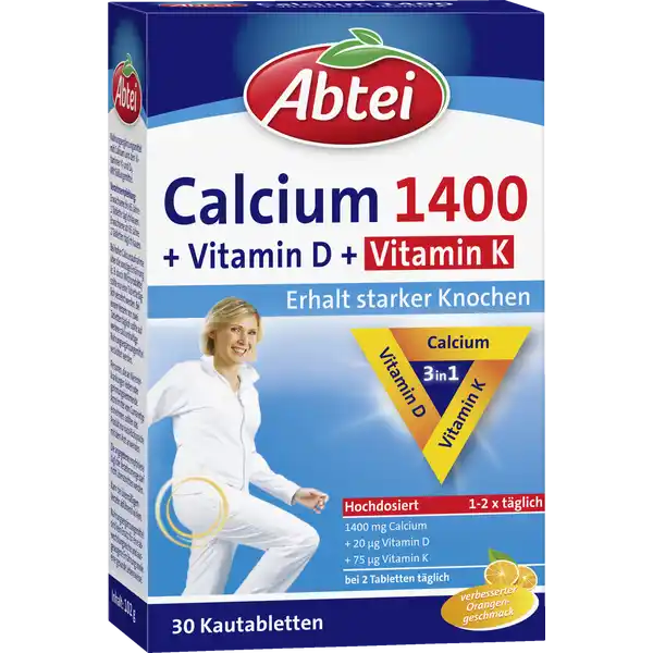 Abtei Calcium 1400 + Vitamin D + Vitamin K: Цвет: https://www.rossmann.de/de/gesundheit-abtei-calcium-1400--vitamin-d--vitamin-k/p/4250752203228
Produktbeschreibung und details Calcium Vitamin D und Vitamin K tragen zum Erhalt gesunder Knochen bei Calcium und Vitamin D untersttzen zudem die gesunde Muskelfunktion Vitamin D trgt zu einer normalen Aufnahme und Verwertung von Calcium bei mir verbessertem Orangengeschmack Lebensmittelunternehmer Name Abtei OP Pharma GmbH Adresse Abtei  D   Marienmnster wwwabteide Rechtlich vorgeschriebene Produktbezeichnung Nahrungsergnzungsmittel mit Calcium und den Vitaminen K und D Mit Zucker und Sungsmittel Zutaten Calciumcarbonat Sungsmittel Sorbit Maltodextrin Suerungsmittel Citronensure Aroma ganz gehrtetes pflanzliches l Raps Trennmittel Magnesiumsalze der Speisefettsuren pflanzliches l Kokos Raps Vitamin K Vitamin D Nhrwerte Durchschnittliche Nhrwertangaben pro  Portion pro  Portion pro Kautablette pro  Kautabletten NRV NRV Calcium  mg    mg   Vitamin D  g    g   Vitamin K  g    g   Anwendung und Gebrauch Erwachsene bis  Jahre  Tablette tglich kauen Erwachsene ab  Jahre tglich  Tabletten kauen Gebrauch Aufbewahrung und Verwendung Aufbewahrungs und Verwendungsbedingungen Vor Wrme und Sonneneinstrahlung schtzen Warnhinweise und wichtige Hinweise Warnhinweise Bei hoher Calciumaufnahme ber die sonstige Ernhrung zB durch Milchprodukte sollte nur eine Tablette tglich verzehrt werden Bei einem Verzehr von zwei Tabletten tglich sollte auf weitere calciumhaltige Nahrungsergnzungsmittel verzichtet werden Personen die an Nierenerkrankungen leiden sollten das Produkt nur nach Rcksprache mit dem Arzt anwenden Die angegebene empfohlene tgliche Verzehrsmenge darf nicht berschritten werden Kann bei bermigem Verzehr abfhrend wirkenKann bei bermigem Verzehr abfhrend wirken Nahrungsergnzungsmittel sind kein Ersatz fr eine abwechslungsreiche und ausgewogene Ernhrung sowie eine gesunde Lebensweise Auerhalb der Reichweite kleiner Kinder aufbewahren