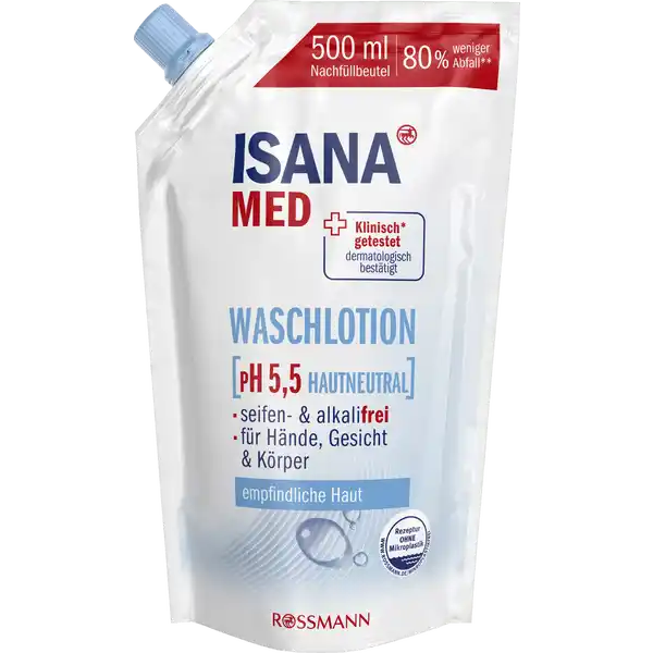 ISANA MED Waschlotion Nachfllbeutel: Цвет: Produktbeschreibung und details Die ISANA MED WASCHLOTION ist fr die Reinigung von Kopf bis Fu geeignet Besonders milde und hautfreundliche Wirkstoffe fr eine sanfte Reinigung Bewahrt die Haut vor dem Austrocknen fr empfindliche Haut pH  hautneutral seifen ampamp alkalifrei fr Hnde Gesicht ampamp Krper klinisch getestet dermatologisch besttigt vegan diese Rezeptur ist zu  ohne Mikroplastik Hautvertrglichkeit dermatologischklinisch besttigt  Testung gem Dermatest SterneSiegel wwwsternegarantiede Kontaktdaten Dirk Rossmann GmbH Isernhgener Strae   Burgwedel wwwrossmannde UrsprungslandHerkunftsort Deutschland Testurteile Qualittssiegel ampamp Verbandszeichen Inhaltsstoffe Aqua Sodium Laureth Sulfate Glycerin Sodium Chloride Cocamidopropyl Betaine CocoGlucoside Hydroxypropyl Guar Hydroxypropyltrimonium Chloride Panthenol Parfum Citric Acid Sodium Benzoate
https://www.rossmann.de/de/pflege-und-duft-isana-med-waschlotion-nachfuellbeutel/p/4305615629100