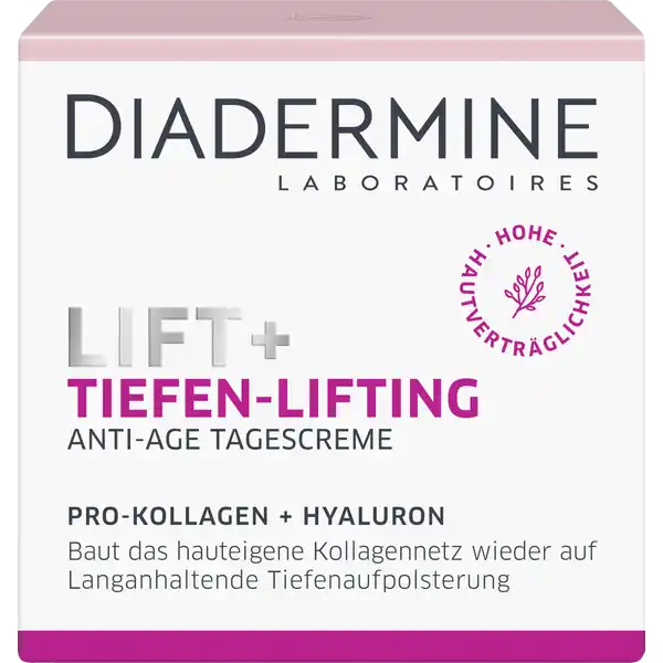 Diadermine Lift+ Tiefen-Lifting Tagescreme: Цвет: Produktbeschreibung und details Dermatoplex Kollagen optimierer Straffende AntiAge Pflege langanhaltende Tiefenaufpolsterung Kontaktdaten Schwarzkopf ampamp Henkel GmbH D Dsseldorf Anwendung und Gebrauch Tglich morgens nach der Reinigung auftragen Mit kreisenden Bewegungen und sanftem Druck einmassieren Inhaltsstoffe Aqua CaprylicCapric Triglyceride Hexanediol Glycerin Dicaprylyl Carbonate Arachidyl Alcohol Cocoglycerides Betaine Behenyl Alcohol Butyrospermum Parkii Butter Hydroxyethyl Urea Quassia Amara Extract Hydrolyzed Soy Protein Sodium Hyaluronate Spilanthes Acmella Flower Extract Panthenol Urea Tocopherol Bisabolol Caffeine Hydroxyacetophenone Arachidyl Glucoside Isododecane Sodium Carbomer Sodium AcrylateSodium Acryloyldimethyl Taurate Copolymer Polyisobutene Dimethicone Crosspolymer Sorbitan Oleate CaprylylCapryl Glucoside Ammonium Lactate Hydrogenated Palm Glycerides Citrate Butylene Glycol Pentylene Glycol Parfum CI  CI
https://www.rossmann.de/de/pflege-und-duft-diadermine-lift-tiefen-lifting-tagescreme/p/4015100202786