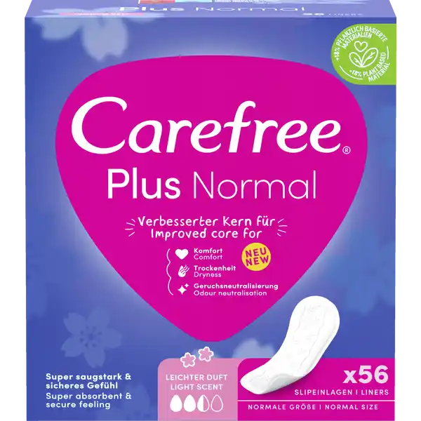 Carefree Slipeinlage Plus Normal: Цвет: Produktbeschreibung und details Die Carefree Plus Original Damen Slipeinlagen mit leichtem Duft haben einen superabsorbierenden Kern der Flssigkeiten zuverlssig auffngt auch Gerche werden bis zu  Stunden lang kontrolliert Die SoftTouchOberflche bietet einen besonders weichen Tragekomfort Die Slipeinlagen von Carefree sind in verschiedenen Designs erhltlich parfmfrei oder mit frischem Duft lang oder kurz  unter den Slipeinlagen von Carefree ist fr jeden etwas Passendes dabei Neuer Slipeinlagenkern und Design  Die Carefree Slipeinlagen Plus Normal mit leichtem Duft verfgen ber einen verbesserten Kern fr Komfort Trockenheit und Geruchsneutralisierung Die Carefree Plus Normal Slipeinlagen fr extra Schutz enthalten  mehr pflanzlich basierte Materialien als vorherige Carefree Plus Normal Slipeinlagen zudem besteht der Karton zu  aus recyceltem Material und ist zu  wiederverwertbar Zudem besteht der Karton zu  aus recyceltem Material und ist zu  wiederverwertbar Die Carefree Plus Normal sind weich wie Baumwolle duften angenehm frisch und der super saugstarke Kern hilft Flssigkeiten sofort einzuschlieen zustzlich sorgt die neue Technologie fr eine noch bessere Flssigkeitsverteilung Langanhaltendes Frischegefhl  Die Carefree Plus Normal Slipeinlagen verleihen extra Schutz sind besonders dnn ampamp diskret und sind frei von Farbstoffen ampamp elementarer Chlorbleiche Kontaktdaten Johnson ampamp Johnson GmbH  Neuss wwwcarefreede Warnhinweise und wichtige Hinweise Warnhinweise Produkt enthlt Kunststoff Nicht in der Toilette entsorgen Nach Gebrauch in den Mlleimer werfen Hilf mit die Umwelt zu schtzen
https://www.rossmann.de/de/pflege-und-duft-carefree-slipeinlage-plus-normal/p/3574661661957