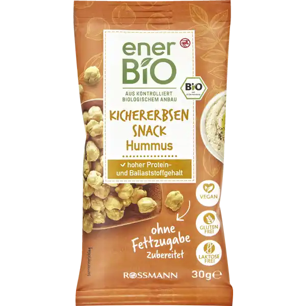 enerBiO Kichererbsen Snack Hummus: Цвет: Produktbeschreibung und details Bissige Erbse Knackig knusprig kstlich Lassen Sie sich den HummusGeschmack unserer fettfreien zubereiteten Kichererbsen pur oder im Salat auf der Zunge zergehen Alle Produkte unserer ROSSMANNMarke enerBiO stammen aus kontrolliert biologischem Anbau Durch eine schonende sorgfltige Verarbeitung erhalten wir hierbei sowohl die Hochwertigkeit als auch den natrlichen Geschmack Zudem lassen wir unsere Produkte regelmig durch unabhngige Institute berprfen  so gewhrleisten wir eine gleichbleibende Qualitt Lebensmittelunternehmer Name Dirk Rossmann GmbH Adresse Isernhgener Str   Burgwedel wwwrossmannde   Bio Zertifikat ATBIO UrsprungslandHerkunftsort EUNichtEULandwirtschaft Testurteile Qualittssiegel ampamp Verbandszeichen Rechtlich vorgeschriebene Produktbezeichnung Vorgekochte und getrocknete Bio Kichererbsen mit Hummusgeschmack Zutaten   Kichererbsen Dextrose Meersalz Knoblauchzubereitung Knoblauch Salz Kreuzkmmel Koriander Kurkuma Laktosegehalt unter  g g aus kontrolliert biologischem Anbau Kann Spuren von SOJA und SCHALENFRCHTEN enthalten Nhrwerte Durchschnittliche Nhrwertangaben pro  g Energie  kj   kcal Fett  g davon  gesttigte Fettsuren  g Kohlenhydrate  g davon  Zucker  g Ballaststoffe  g Eiwei  g Salz  g Gebrauch Aufbewahrung und Verwendung Aufbewahrungs und Verwendungsbedingungen Trocken lagern und vor Wrme schtzen Warnhinweise und wichtige Hinweise Warnhinweise Unter Schutzatmosphre verpackt
https://www.rossmann.de/de/lebensmittel-enerbio-kichererbsen-snack-hummus/p/4305615784779