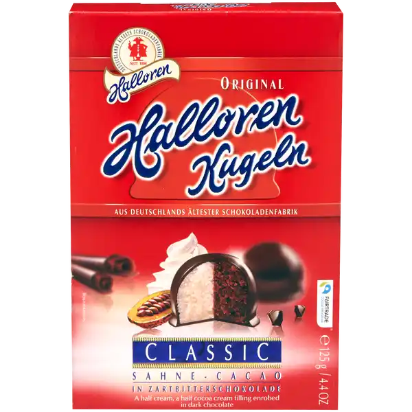 Halloren Original Halloren Kugeln Classic Sahne-Cacao: Цвет: Produktbeschreibung und details Der Klassiker unter den Halloren Kugeln ist seit  das wohl bekannteste Produkt von Halloren Eine Fllung aus feinster SahneCacaoCreme und umhllt von knackiger Zartbitterschokolade Lebensmittelunternehmer Name Halloren Schokoladenfabrik AG Adresse  Halle wwwhallorende UrsprungslandHerkunftsort Hergestellt in Deutschland mit Rohstoffen aus EU und NichtEU Testurteile Qualittssiegel ampamp Verbandszeichen Rechtlich vorgeschriebene Produktbezeichnung Original Halloren Kugeln mit  SahneCacaoCreme in  Zartbitterschokolade Zutaten Zucker VOLLMILCHPULVER  Kakaomasse Wasser Glukosesirup BUTTER  fettarmes Kakaopulver  Kakaobutter Invertzuckersirup Feuchthaltemittel Invertase Emulgator Sonnenblumenlecithine natrliches Aroma Suerungsmittel Citronensure Kann Spuren von SCHALENFRCHTE ERDNSSEN SOJA EI und GLUTENHALTIGEN GETREIDEPRODUKTEN enthalten Nhrwerte Durchschnittliche Nhrwertangaben pro  g Energie  kj   kcal Fett  g davon  gesttigte Fettsuren  g Kohlenhydrate  g davon  Zucker  g Eiwei  g Salz  g Gebrauch Aufbewahrung und Verwendung Aufbewahrungs und Verwendungsbedingungen Khl und trocken lagern
https://www.rossmann.de/de/lebensmittel-halloren-original-halloren-kugeln-classic-sahne-cacao/p/4014303101018