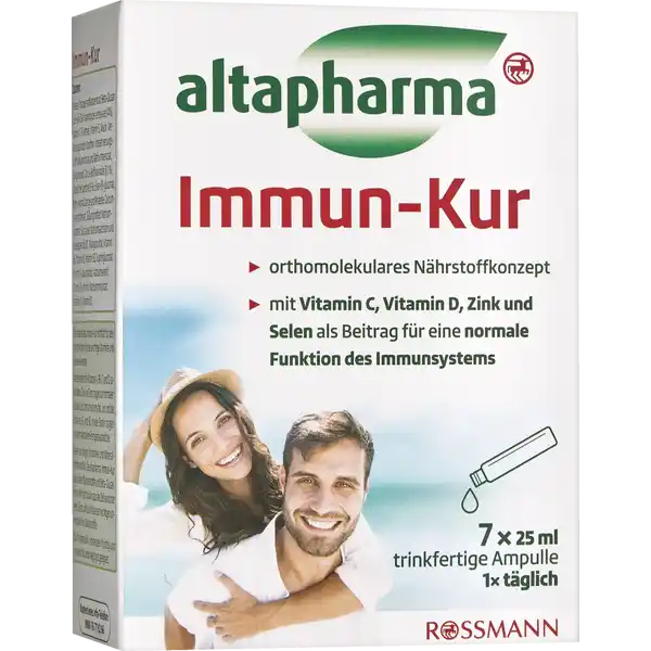 altapharma Immun-Kur: Цвет: Produktbeschreibung und details Die altapharma ImmunKur enthlt fr den menschlichen Krper wichtige Vitamine und Spurenelemente Insbesondere die Vitamine A B C und D sowie Selen Zink und Eisen tragen zur normalen Funktion des Immunsystems bei Jod und die Vitamine B und B sowie Biotin tragen zu einem normalen Energiehaushalt bei Neben wichtigen Vitaminen und Mineralstoffen enthlt die altapharma ImmunKur sekundre Pflanzenstoffe und BetaGlucan einen Mehrfachzucker aus der Zellwand der Hefe Diese zhlt zur Klasse der wichtigen unverdaulichen Ballaststoffe Die Trinkampullen schmecken fruchtig und sind auch fr unterwegs gut geeignet orthomolekulares Nhrstoffkonzept mit Vitamin C Vitamin D Zink und Selen als Beitrag fr eine normale Funktion des Immunsystems Kontaktdaten Dirk Rossmann GmbH Isernhgener Strae   Burgwedel wwwrossmannde   UrsprungslandHerkunftsort Hergestellt in Deutschland Zutaten Wasser Orangensaftkonzentrat BetaGlucan aus Hefe Saccharomyces cerevisiae  Vitamin C Fruktose Vitamin E Niacin Verdickungsmittel Xanthan Konservierungsstoff Kaliumsorbat und Natriumbenzoat Zinkgluconat CitrusBioflavonoide   pflanzliche Carotine   EisenII gluconat Biotin Aroma Orange und Mirabelle CalciumDpantothenat Sungsmittel Natriumcyclamat Sucralose Natriumsaccharin und Neohesperidin DC Mangansulfat Vitamin B Vitamin B Vitamin B Kupfergluconat Vitamin A Kaliumiodid Natriumselenit ChromIIIchlorid Natriummolybdat Vitamin K Vitamin D Nhrwerte Durchschnittliche Nhrwertangaben pro  Portion pro  ml Pro Tagesdosis  Ampulle   ml Energie  kj   kcal  kj   kcal Fett amplt  g  g davon  gesttigte Fettsuren amplt  g  g Kohlenhydrate  g  g davon  Zucker  g  g Ballaststoffe  g  g Eiwei amplt  g  g Salz  g  g NRV Eisen  mg   Zink  mg   Kupfer  g   Mangan  mg   Selen  g   Chrom  g   Molybdn  g   Jod  g   Vitamin A  g   Vitamin D  g   Vitamin E  mg   Vitamin K  g   Vitamin C  mg   Vitamin B Thiamin  mg   Vitamin B Riboflavin  mg   Niacin  mg   Vitamin B  mg   Biotin  g   Pantothensure  mg   Anwendung und Gebrauch Tglich den Inhalt einer Trinkampulle whrend oder nach der Mahlzeit bei Bedarf verdnnt mit Wasser oder Saft einnehmen Vor Gebrauch schtteln Gebrauch Aufbewahrung und Verwendung Aufbewahrungs und Verwendungsbedingungen Trocken vor Wrme und Licht geschtzt aufbewahren Warnhinweise und wichtige Hinweise Warnhinweise Dieses Nahrungsergnzungsmittel ist kein Ersatz fr eine ausgewogene und abwechslungsreiche Ernhrung und eine gesunde Lebensweise Die angegebene empfohlene tgliche Verzehrmenge darf nicht berschritten werden Auerhalb der Reichweite von kleinen Kindern lagern Nicht fr Kinder und Personen unter  Jahren geeignet Auf die Einnahme weiterer zinkhaltiger Nahrungsergnzungsmittel ist zu verzichten Mnner postmenopausalen Frauen und Schwangeren sollten dieses Prparat nur nach Rcksprache mit dem Arzt einnehmen Bei bestehender Schwangerschaft sollte dieses Prparat nur nach Rcksprache mit dem Arzt eingenommen werden Personen die gerinnungshemmende Arzneimittel vom CumarinTyp einnehmen sollten vor dem Verzehr von VitaminKhaltigen Nahrungsergnzungsmitteln ihren Arzt befragen Eventuell knnen eine Gelbfrbung des Urins undoder strkerer Stuhlgang auftreten Diese Begleiterscheinungen sind harmlos Die ImmunKur sollte nicht bei Menschen mit einer bekannten Kupferspeicherkrankheit Morbus Wilson angewendet werden Bei einer bekannten Unvertrglichkeit gegen einen der Bestandteile sollten dieses Lebensmittel nicht eingenommen werden
https://www.rossmann.de/de/gesundheit-altapharma-immun-kur/p/4305615614908