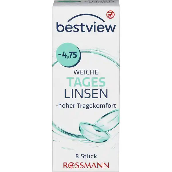 BestView weiche Tageslinsen -4,75: Цвет: https://www.rossmann.de/de/gesundheit-bestview-weiche-tageslinsen--475/p/4719879669664
Produktbeschreibung und details Durch das besonders weiche sauerstoffdurchlssige Material der Tageslinsen wird kaum Eingewhnungszeit bentigt Die Kanten wurden speziell fr hohen Tragekomfort entwickelt Dadurch bleibt die Sehschrfe auch an den Rndern der Linse optimal Tageslinsen sind die gesndeste KontaktlinsenVariante fr die Augen Die Linsen werden tglich ausgetauscht und mssen nicht gereinigt werden Tageslinsen sind ebenfalls ideal wenn man nur ab und zu Kontaktlinsen trgt etwas beim Sport im Urlaub oder am Wochenende hoher Tragekomfort  Stck Kontaktdaten Dirk Rossmann GmbH Isernhgener Strae   Burgwedel wwwrossmannde Gebrauch Aufbewahrung und Verwendung Aufbewahrungs und Verwendungsbedingungen Empfohlen wird die Lagerung bei Raumtemperatur Inhaltsstoffe  sterile weiche getnte Kontaktlinsen  Methafilcon  HO in gepufferter Kochsalzlsung Warnhinweise und wichtige Hinweise Warnhinweise Nicht verwenden bei beschdigter Linsenverpackung Gehen Sie mit Ihren Linsen bitte regelmig zu einer augenrztlichen Kontrolle Folgen Sie den Anweisungen Ihres Kontaktlinsenanpassers Schlafen Sie nicht mit eingesetzter Linse Das Tragen von Kontaktlinsen kann eine Sonnenbrille nicht ersetzen Ihre Augen sind kostbar Bitte beachten Sie die beiligenden Gebrauchsinformationen